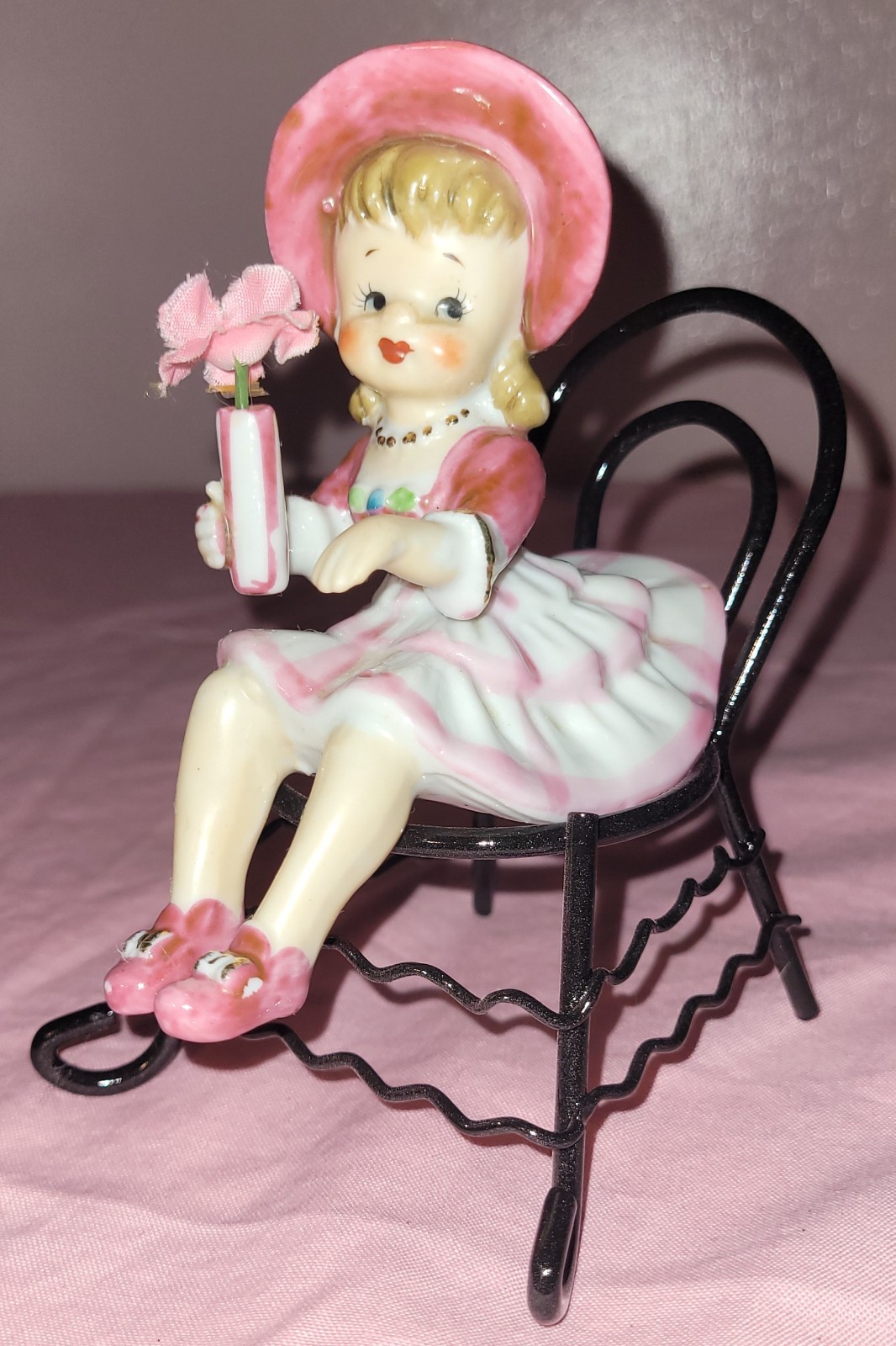 Vintage Ucagco Porcelain Girl Figurine On Metal Chair Japan 