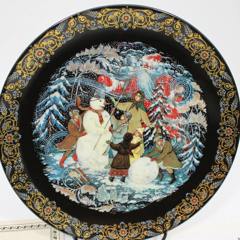 A Snowy Playland - Decorative Hand Painted and Gilded Russian Decorative Plate