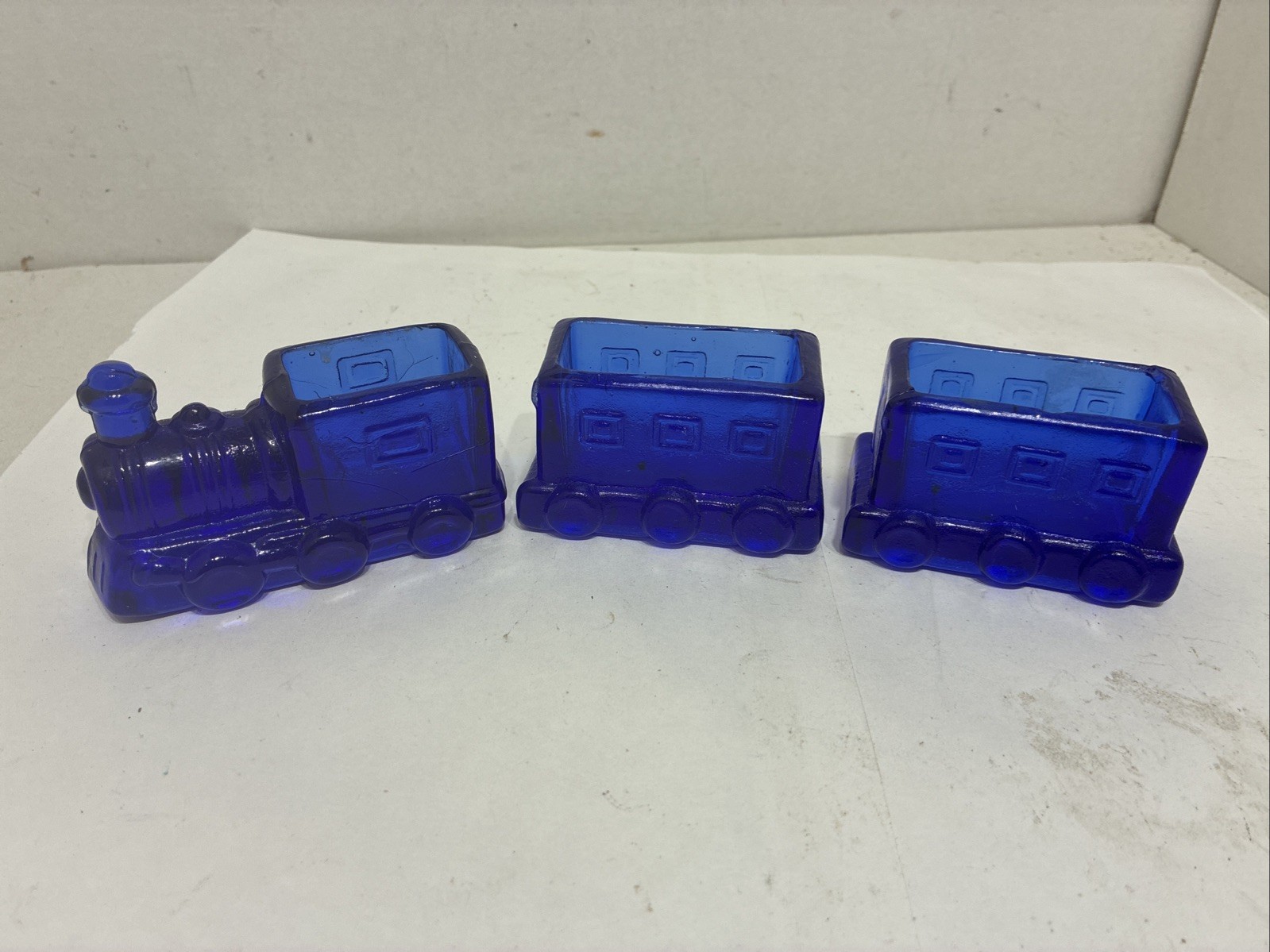 Vint. Cobalt Blue Glass Train 3 pcs Toothpick Sugar Pack Succulents Planter 10