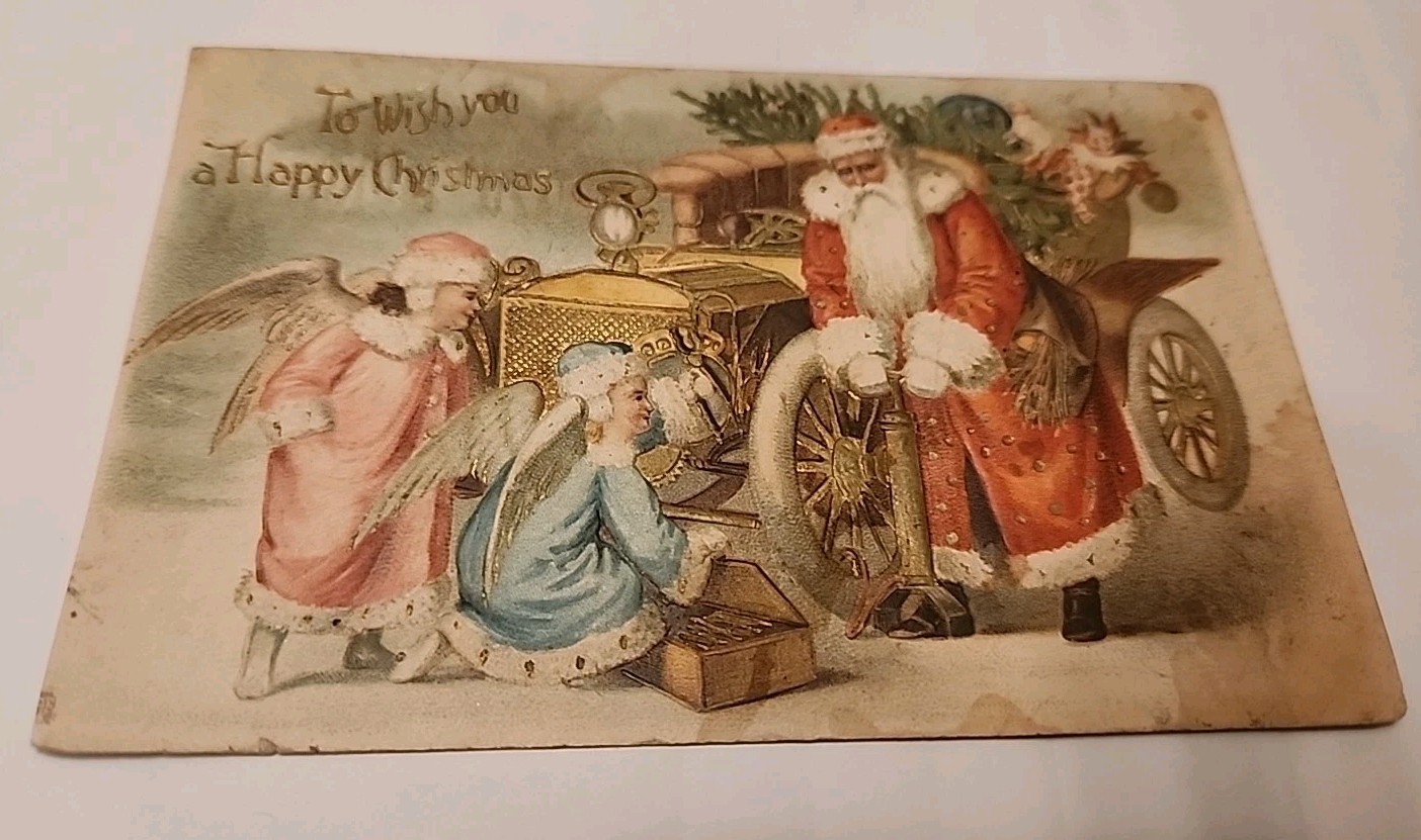  Long Red Robe SANTA Fixing Auto W/ Angels Postcard Used Cancelled  Stamped 1909