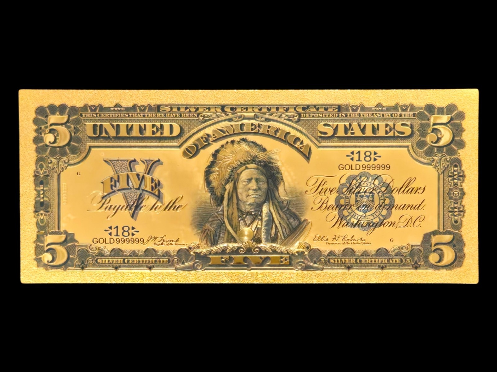 USA 1899 $5 Silver Chief Running Antelope - 24KT Gold Foil Fantasy Bank Note