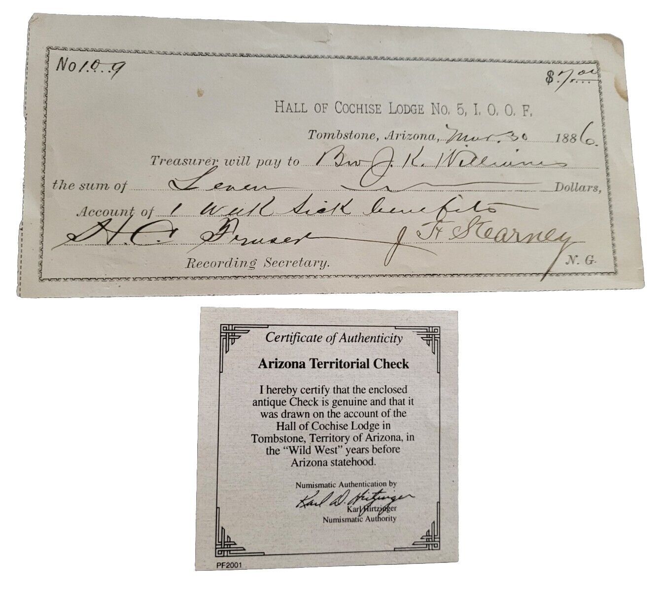 Signed 1886 Wyatt Earp Doc Holliday IOOF Cochise Lodge #5 Tombstone Arizona Ter