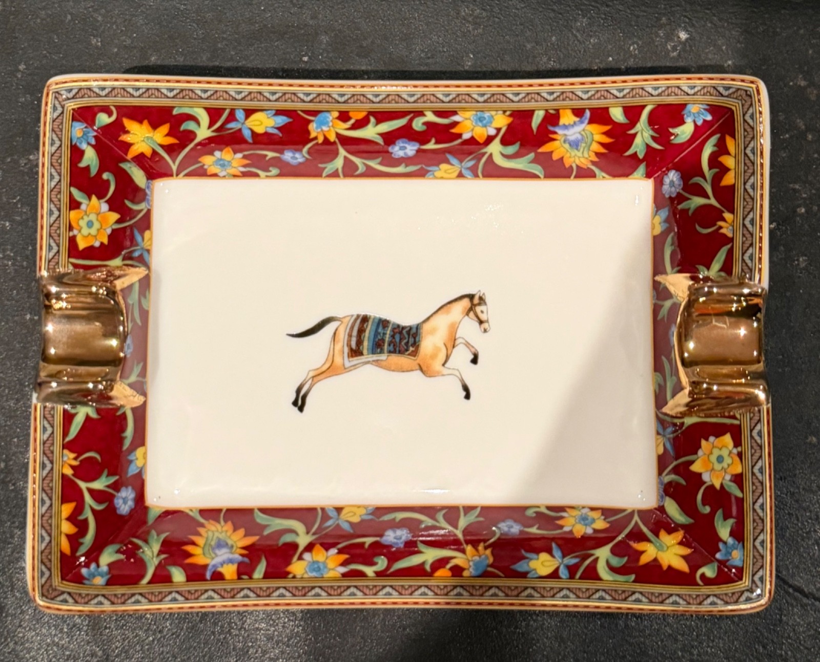 Vintage Hermes Cheval D´ Orient Gold Porcelain ashtray
