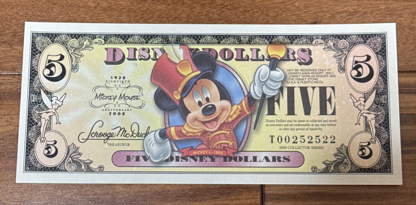 Disney 2008 $5 Disney Dollar Mickey Mouse 80th Anniversary T Series Disney Store Disney 2008 $5 Disney Dollar Mickey Mouse 80th Anniversary T Series Disney Store