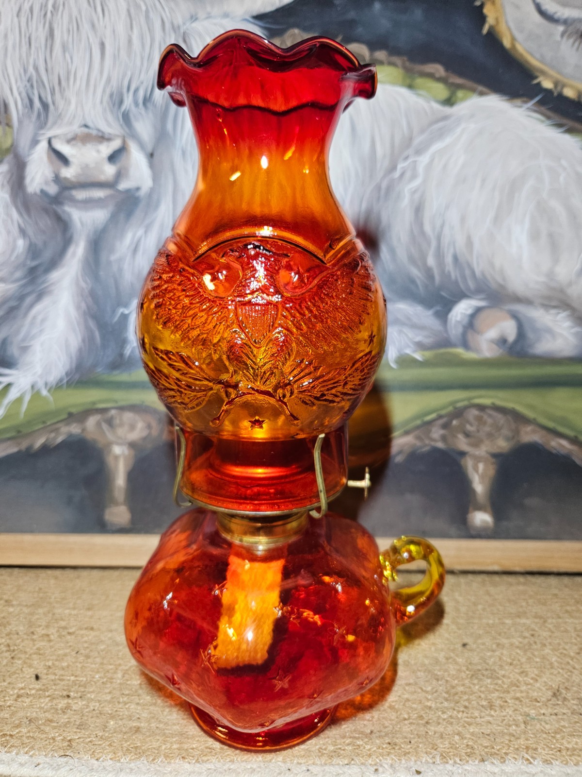 RARE Vintage L.E. Smith Amberina Eagle & Stars Oil Lamp, Glows Under a UV Light