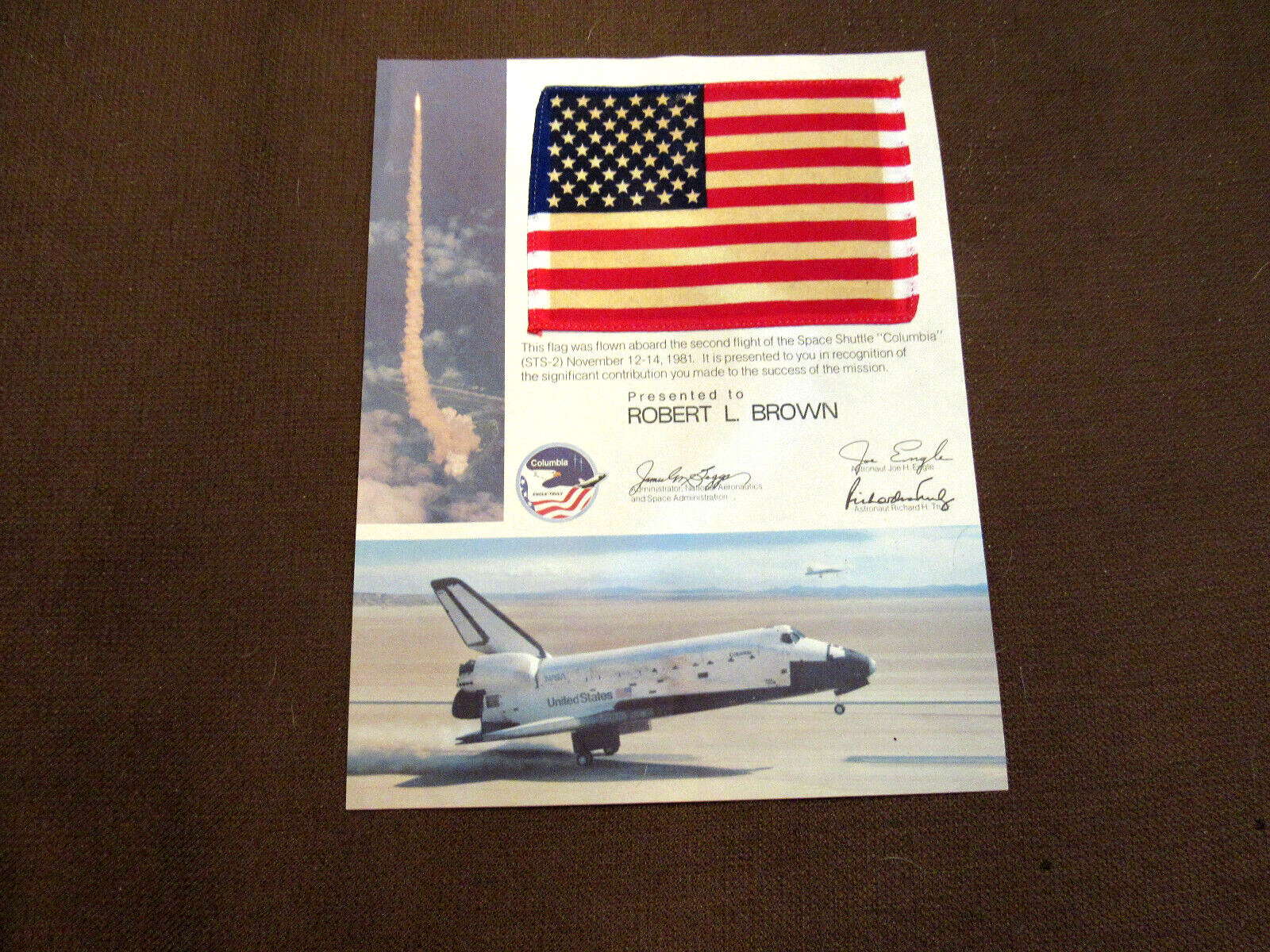 JOE ENGLE RICHARD TRULY STS-2 COLUMBIA NASA VTG SHUTTLE SPACE FLOWN FLAG BEAUTY