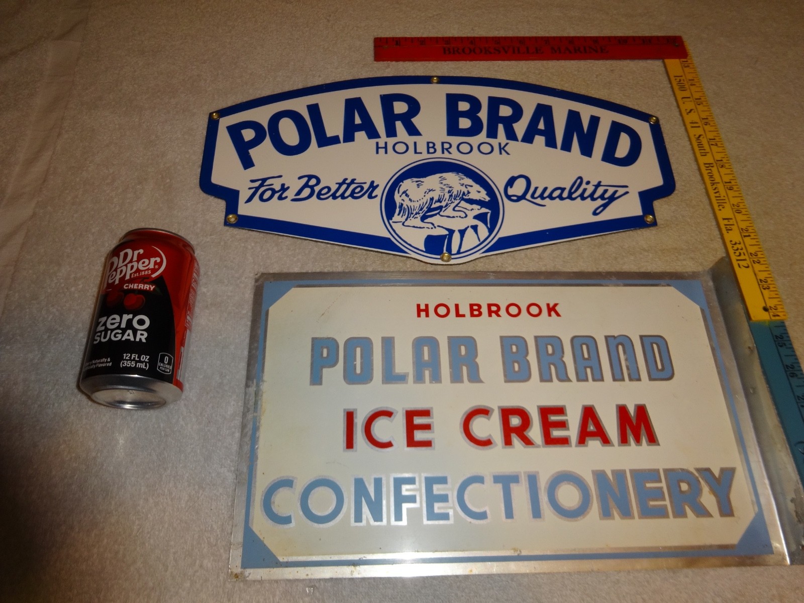 VINTAGE HOLBROOK POLAR BEAR BRAND ICE CREAM DAIRY PORCELAIN METAL SIGN LOT OF 2