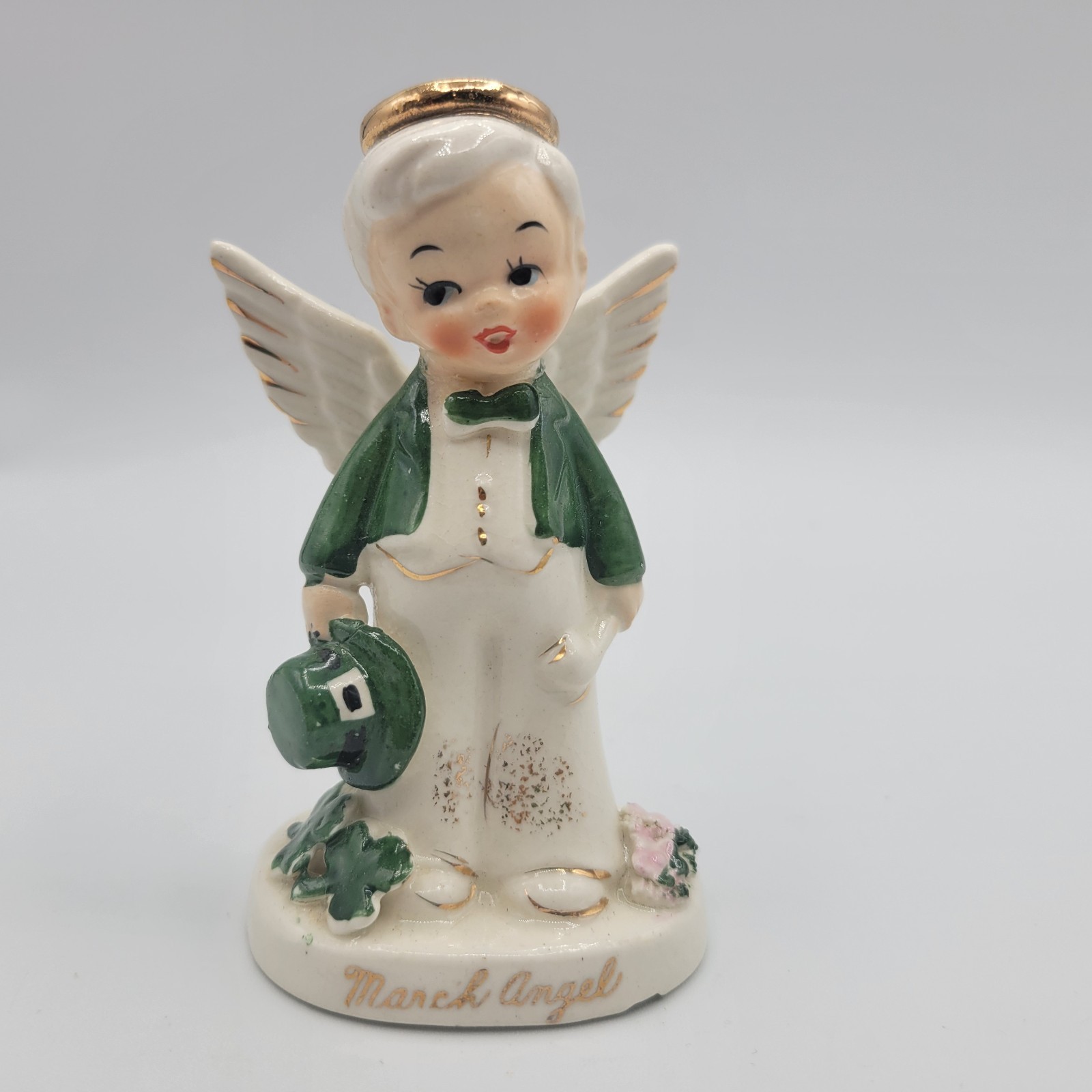 Vtg Napco March Boy Birthday Angel  St. Patrick’s Shamrock Clover Repaired