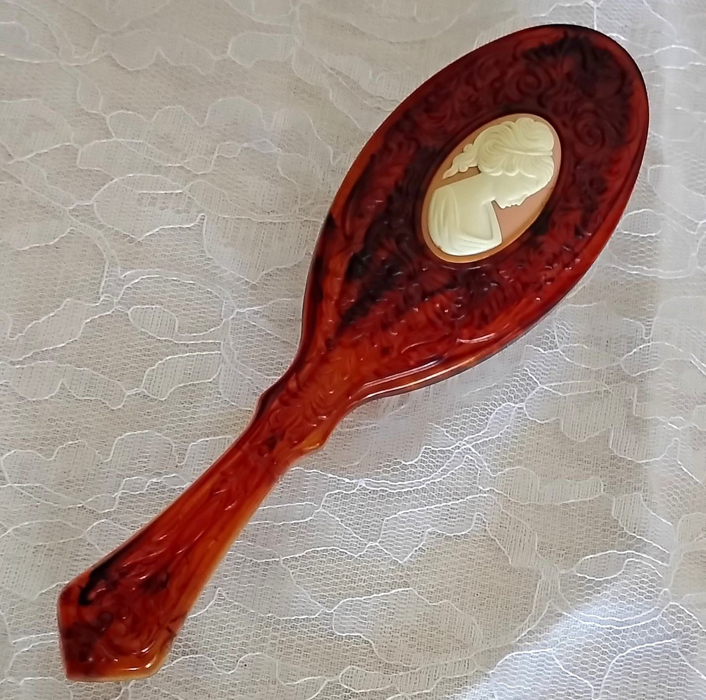 Vintage Avon Ornate Tortoiseshell Hair Brush w/ Cameo Style Woman Portrait