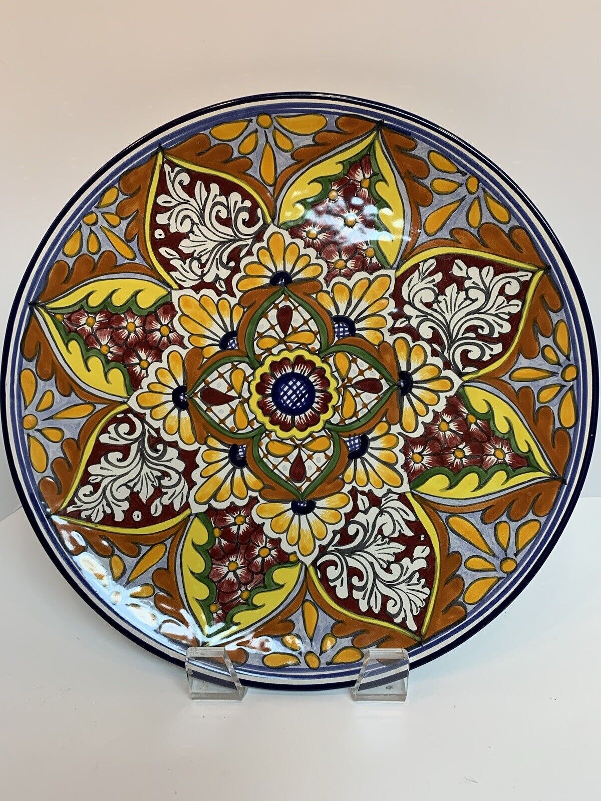 Huge 16” Pottery Mexico Round Serving Platter Hand-painted Multi Color Lead Free
