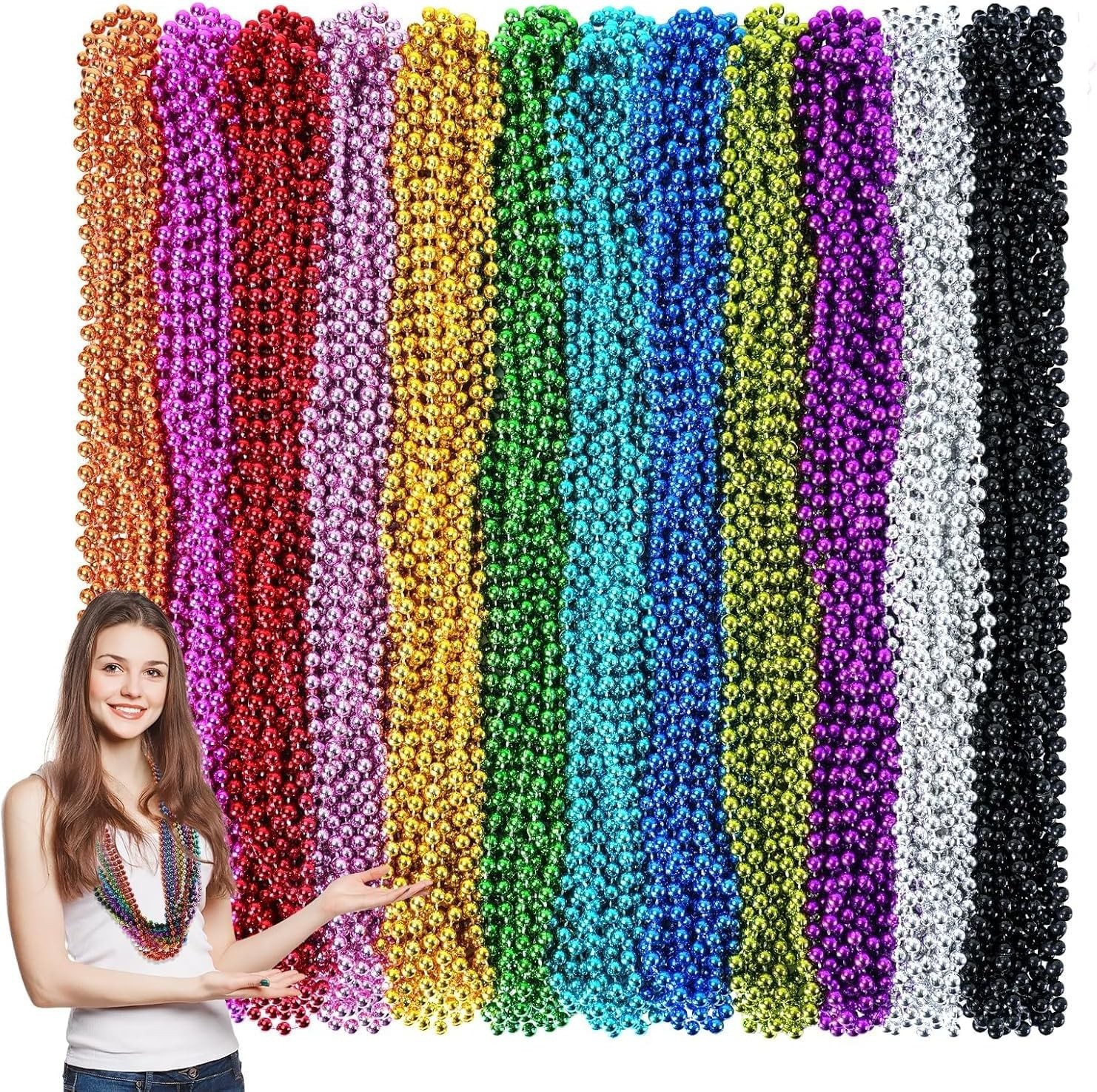 144PCS Mardi Gras Beads, 12 Colors Mardi Gras Beads Bulk, 33\'\' 7mm Mardi Gras