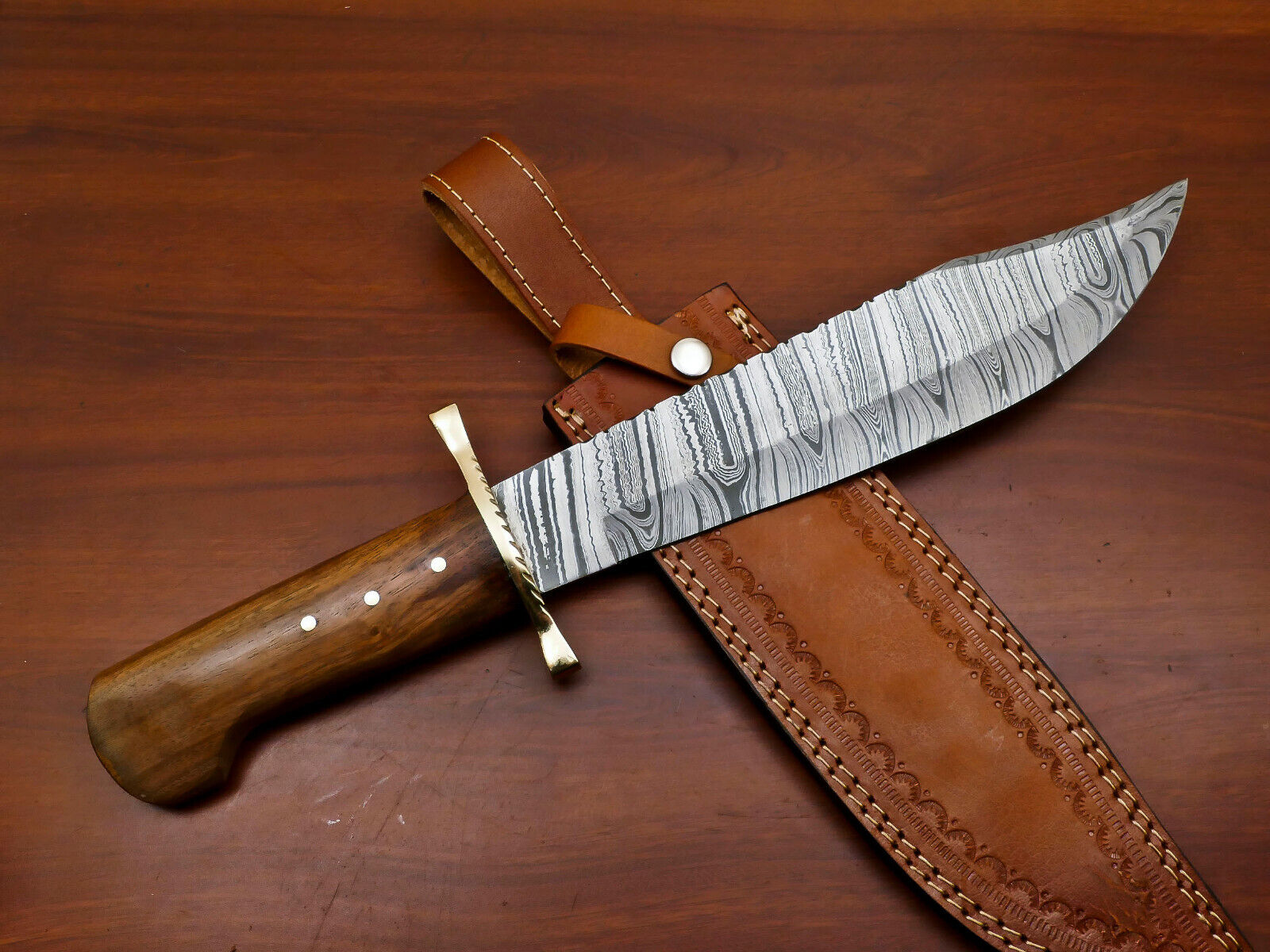 CUSTOM HAND MADE DAMASCUS BLADE STEEL BOWIE HUNTING KNIFE- ROSE WOOD - HB-4387