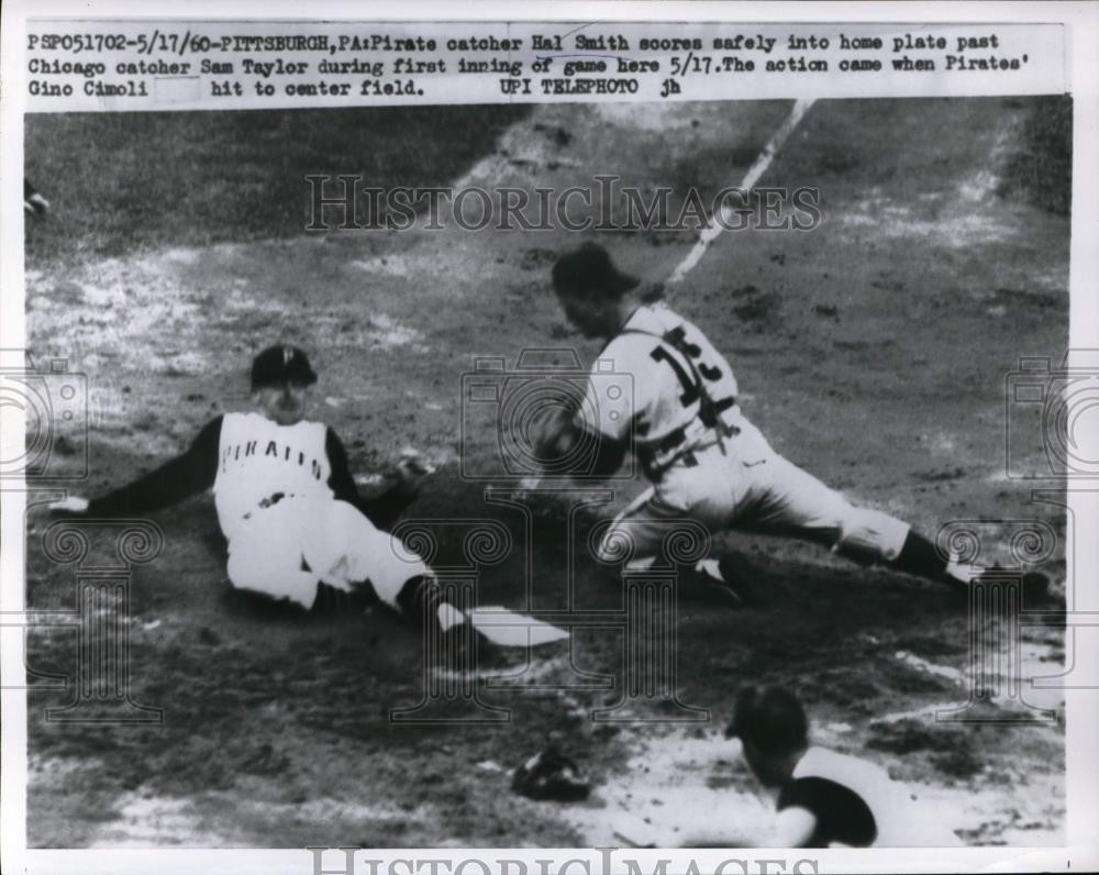 1960 Press Photo Pirate Hal Smith scores vs White Sox Sam Taylor at home plate 1960 Press Photo Pirate Hal Smith scores vs White Sox Sam Taylor at home plate