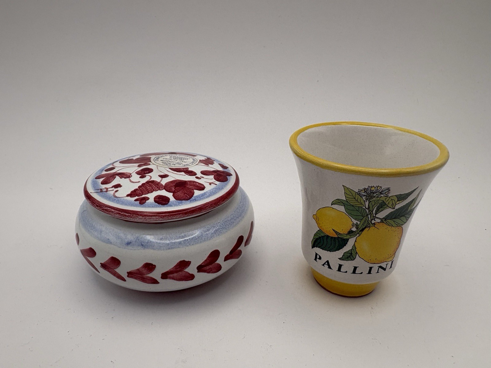 Lot 2 Vtg Deruta Pottery Trinket Dish w/ Lid & Limoncello Lemon Shot Glass Italy