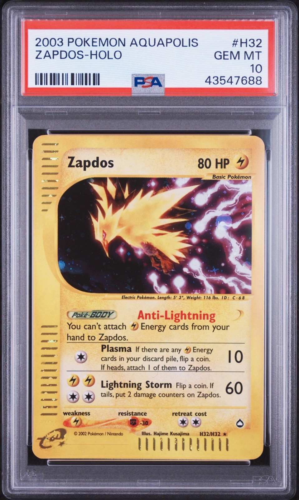 Pokemon 2003 Zapdos Aquapolis Holo #H32 PSA 10 Gem Mint ⚡️ 💎 - POP 111 Pokemon 2003 Zapdos Aquapolis Holo #H32 PSA 10 Gem Mint ⚡️ 💎 - POP 111