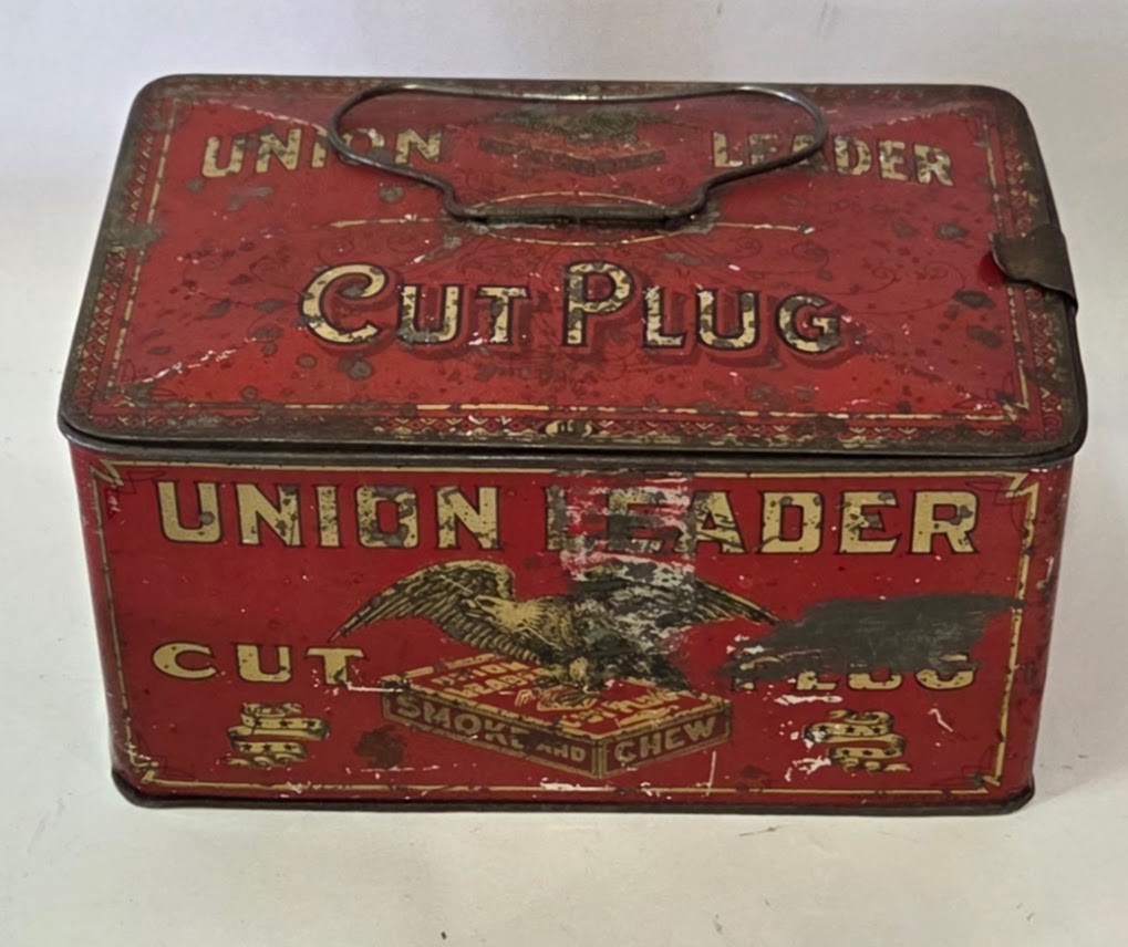 Old Union Leader Cut Plug Empty Red Tin Tobacco Can Hinged Lunch Pail Eagle Old Union Leader Cut Plug Empty Red Tin Tobacco Can Hinged Lunch Pail Eagle