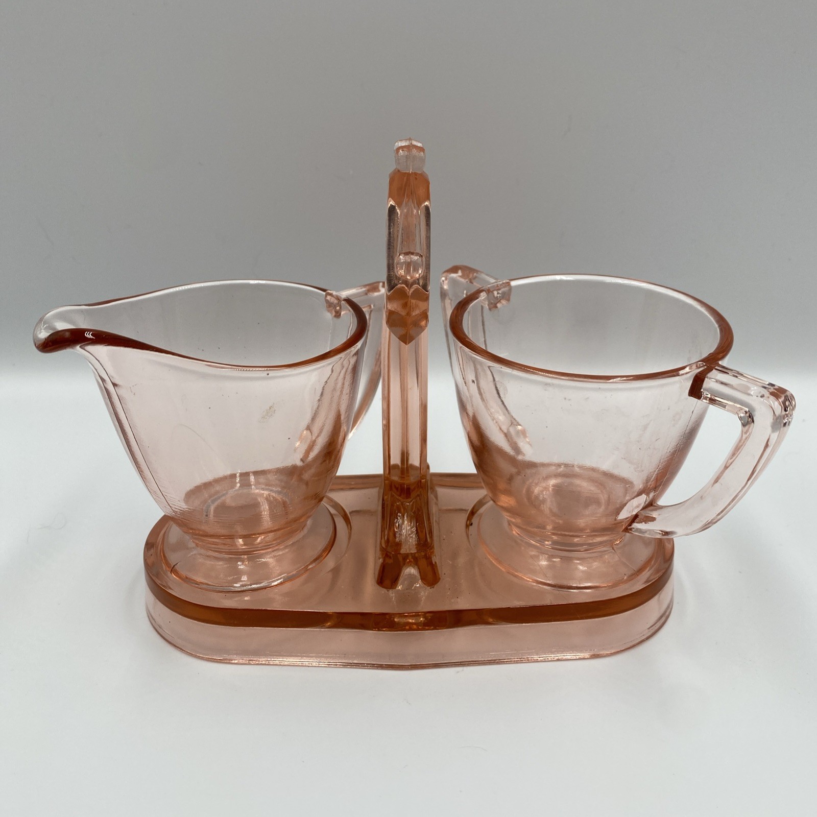 Vtg Pink Depression Glass Creamer Sugar Set Greensburg LE Smith Art Deco Caddy