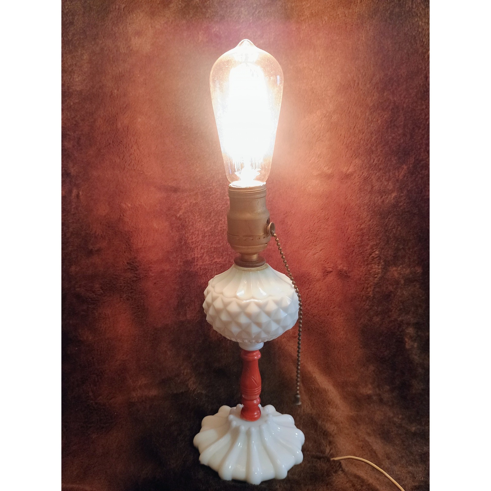 Vintage Milk Glass & Red Table Lamp with Early Hand-Wired Electric Plug Antique