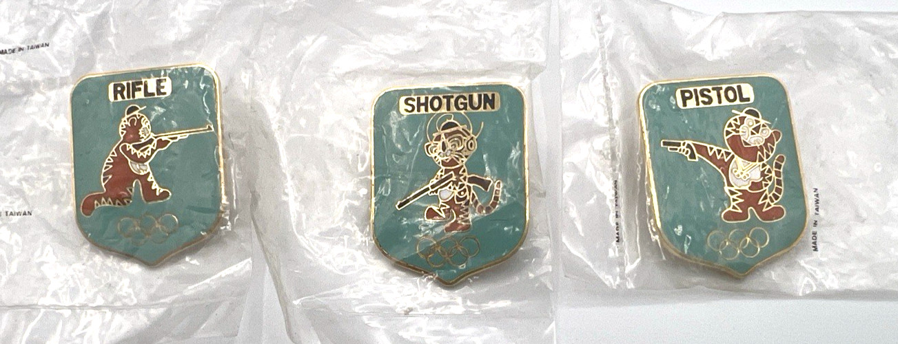 3 1988 Seoul Olympics Shooting Pins Sealed Hodori Tiger Shotgun Pistol Rifle NOS 3 1988 Seoul Olympics Shooting Pins Sealed Hodori Tiger Shotgun Pistol Rifle NOS