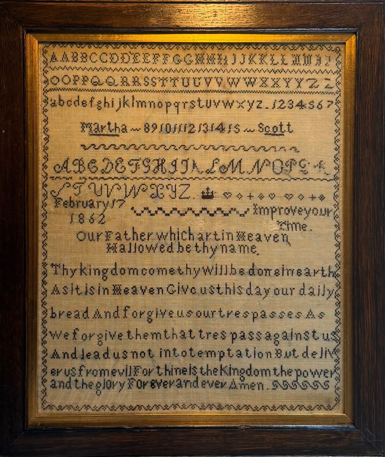Antique Sampler. Victorian Sampler,Martha Scott 1862. Alphabet Sampler,Oak frame Antique Sampler. Victorian Sampler,Martha Scott 1862. Alphabet Sampler,Oak frame