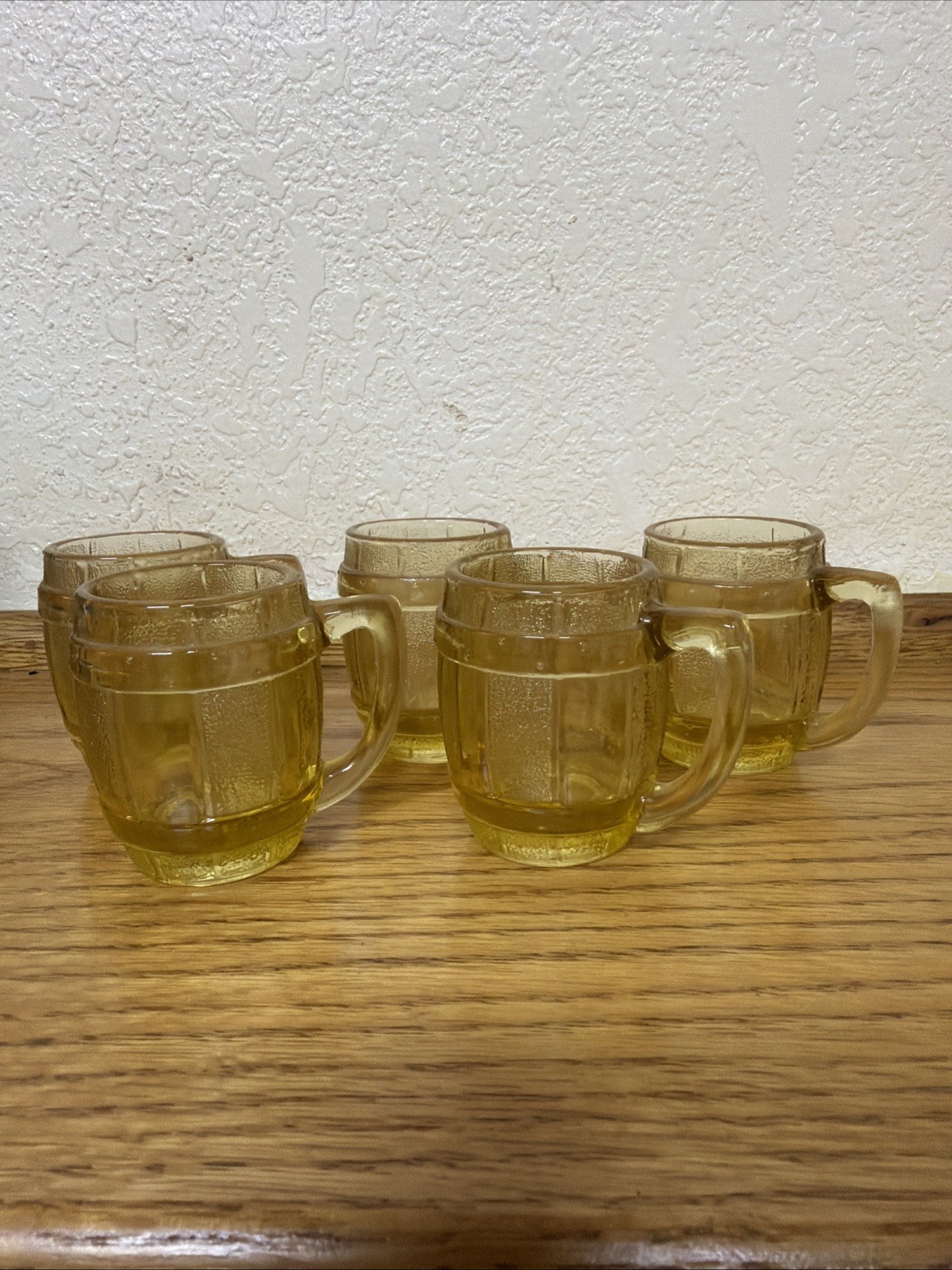 Vintage Amber Gold Barrel Mug Shot Glass /Toothpick Holder Set Of 5