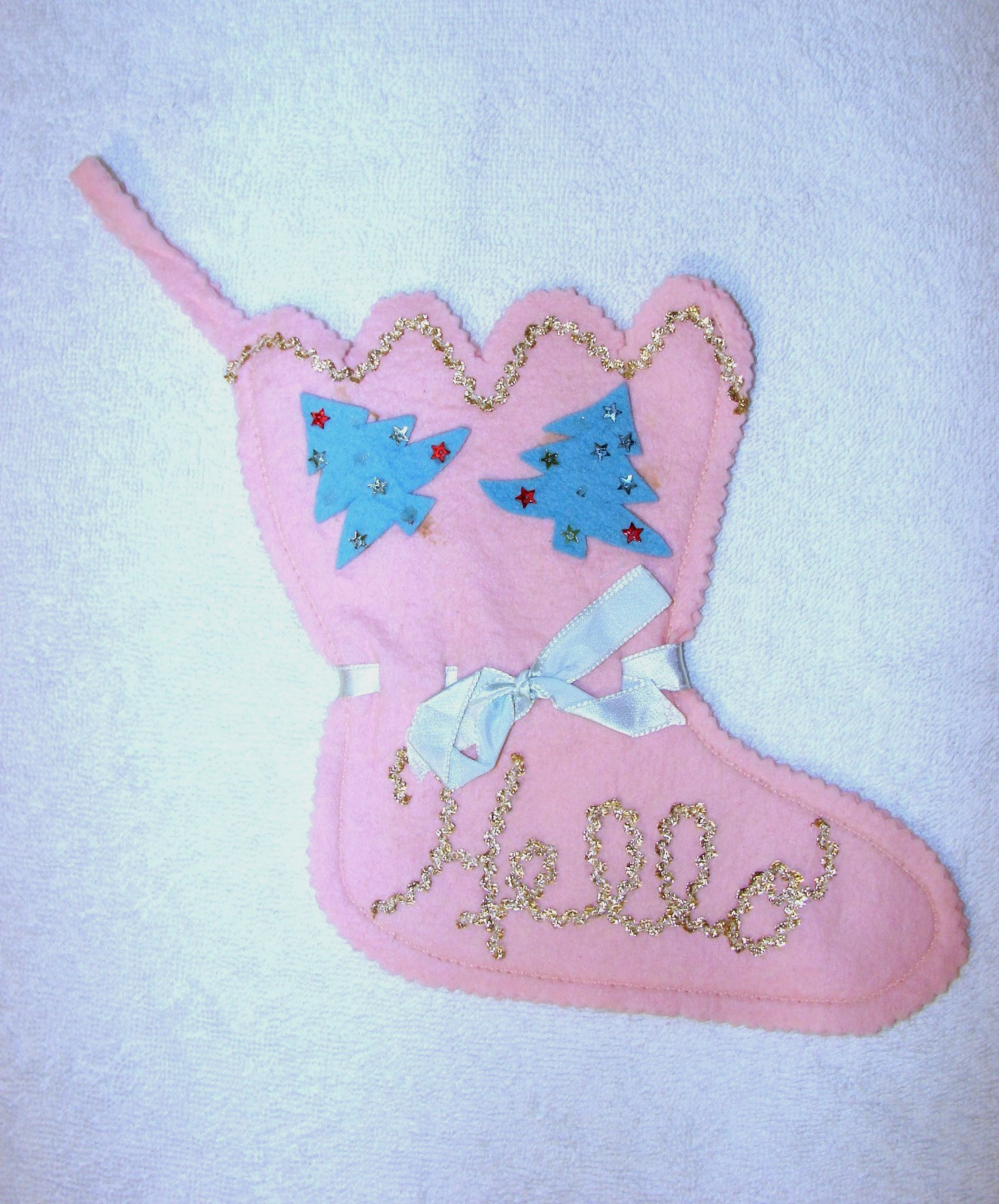 Vintage Handcrafted/Handmade Felt Christmas Stockings - Baby Pink + Blue Ribbon Vintage Handcrafted/Handmade Felt Christmas Stockings - Baby Pink + Blue Ribbon