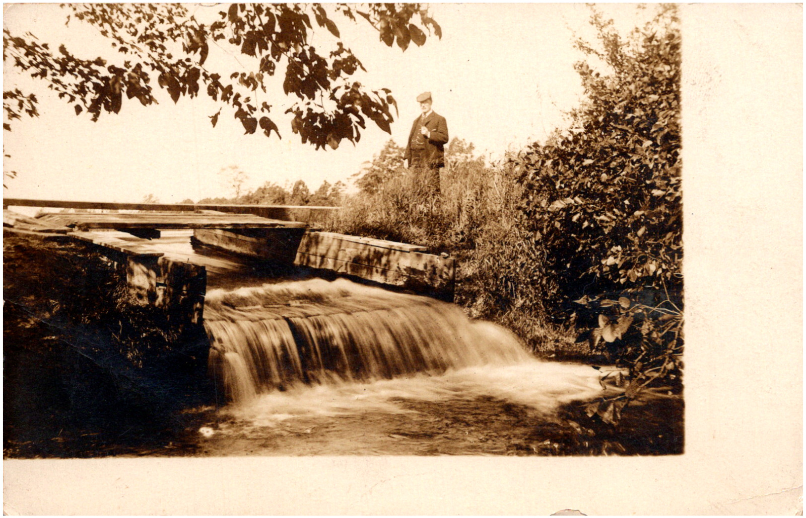 Man at Oceanville Falls New Jersey Lily Lake NJ Waterfall 1900s RPPC Postcard
