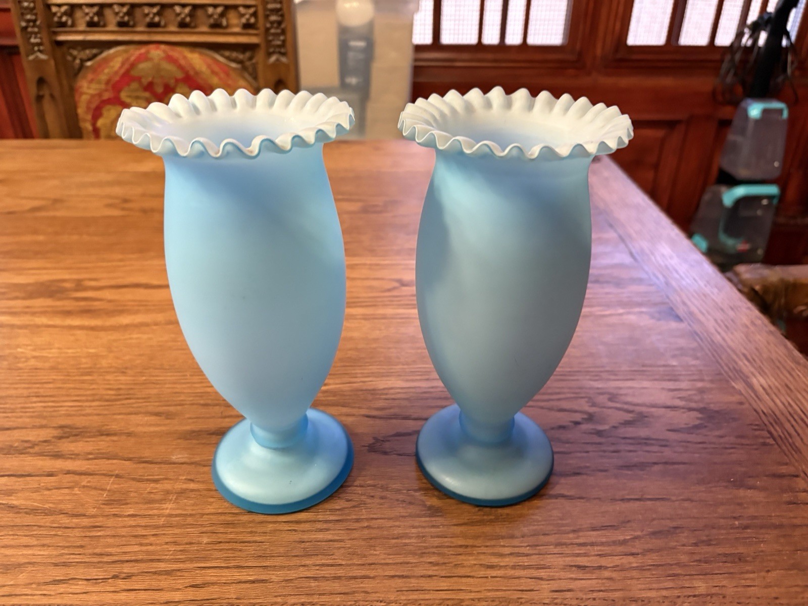 Pair of Antique Czechoslovakian Hand Blown Aquamarine Vases.