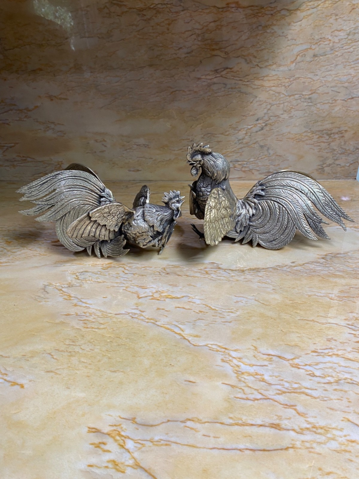 vintage pair of fighting rooster sculptures Silver plated bronze made in Italy