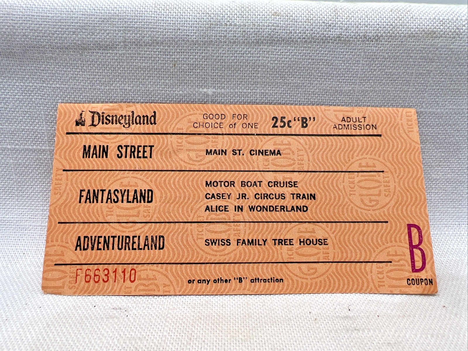 Vintage 1960's DISNEYLAND Adult B Ride Ticket Motor Boats, Swiss Family Tree tk8