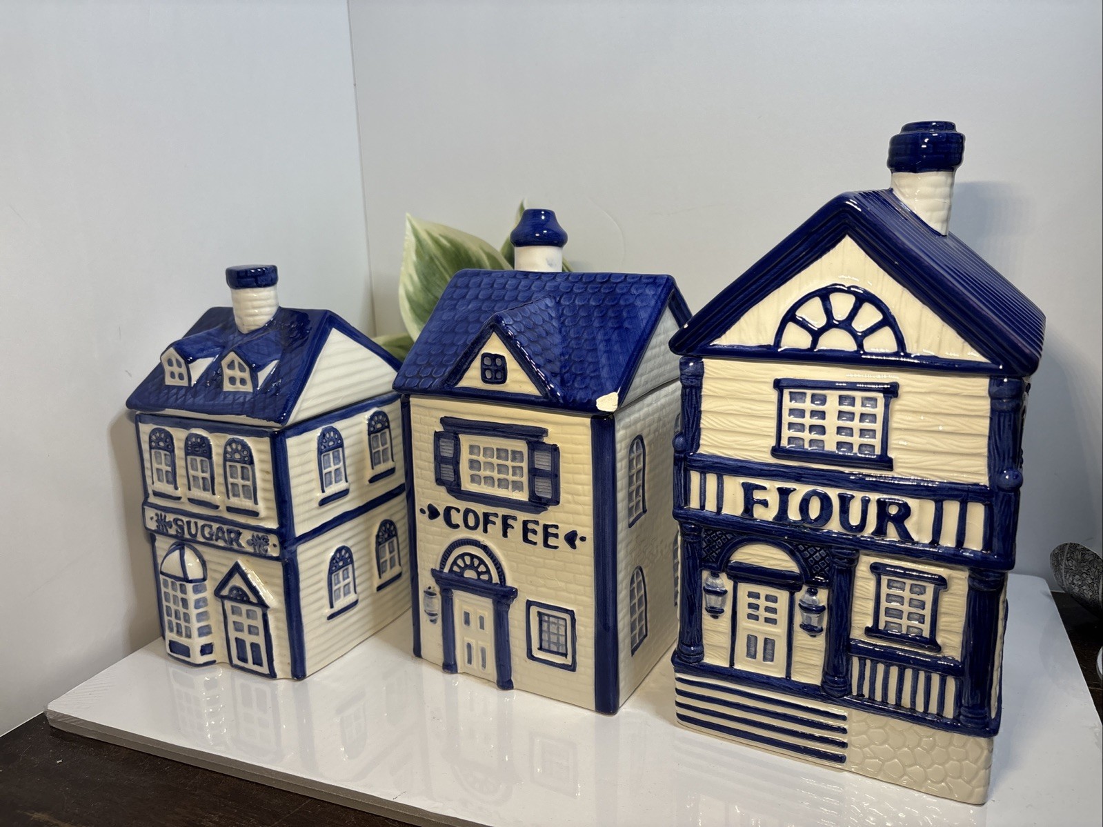 Vintage CKAO 3pc Village Canisters Blue & White Victorian Houses Vintage CKAO 3pc Village Canisters Blue & White Victorian Houses