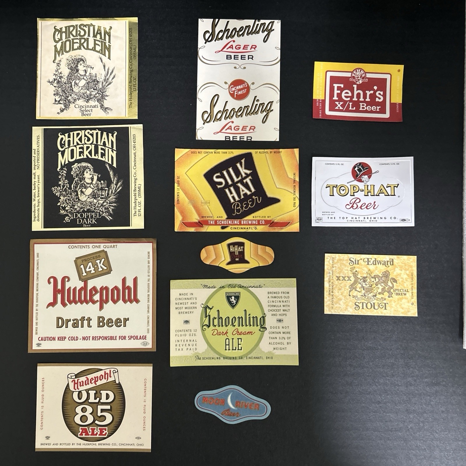 Schoenling Dark Cream Ale, Silk Hat, Hudepohl Old 85, Moon River 10 Beer labels