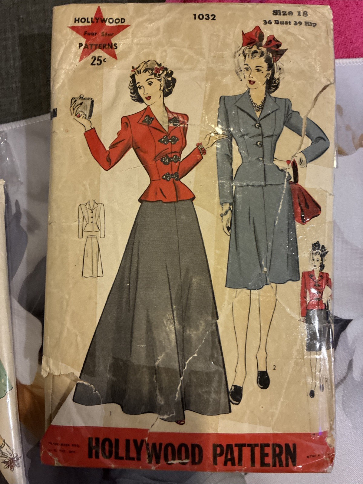 Rare Hollywood Sewing Pattern 1032 Vintage 1940s Suit Dress Size 18 Bust 36