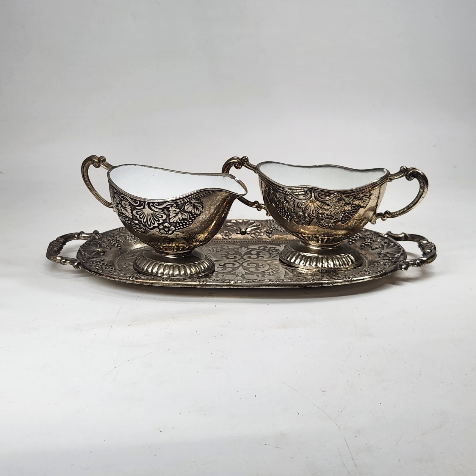 EP Zinc Creamer & Sugar Bowl on Matching Tray Made in Japan MCM Victorian Style