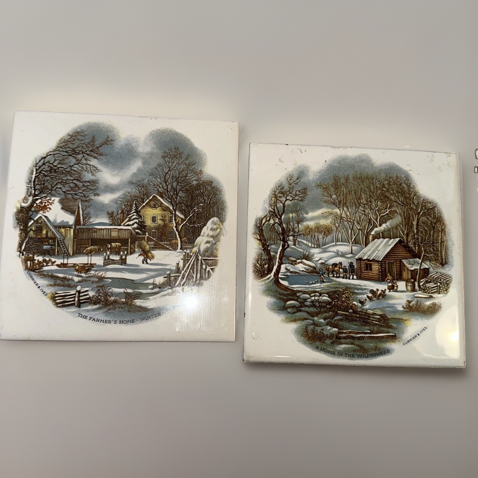 Set 2 Currier & Ives Trivets Tiles A Home In The Wilderness & The Farmer’s Home