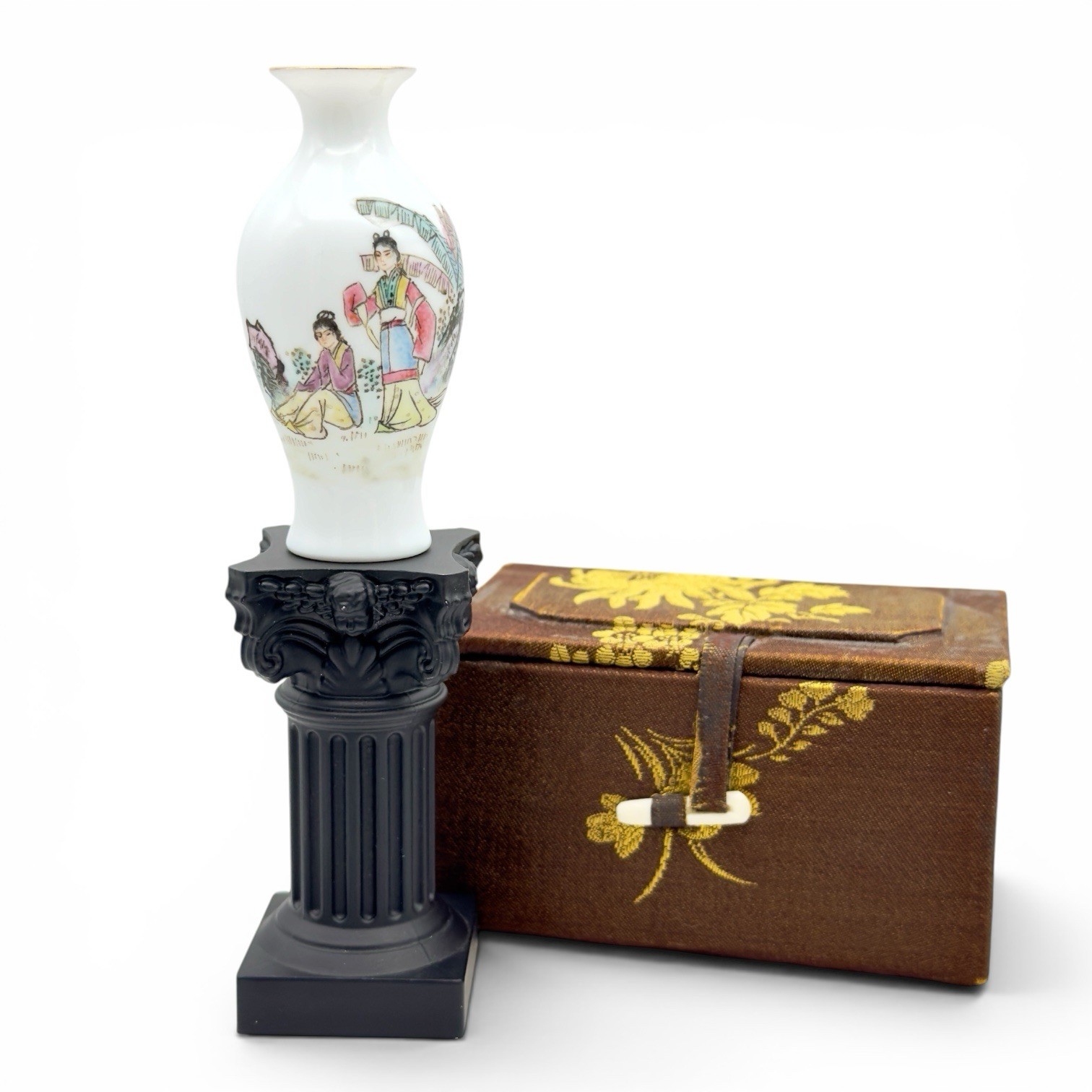 Jingdezhen Chinese Eggshell Porcelain Vase Vtg Mini With Box and Pillar Stand