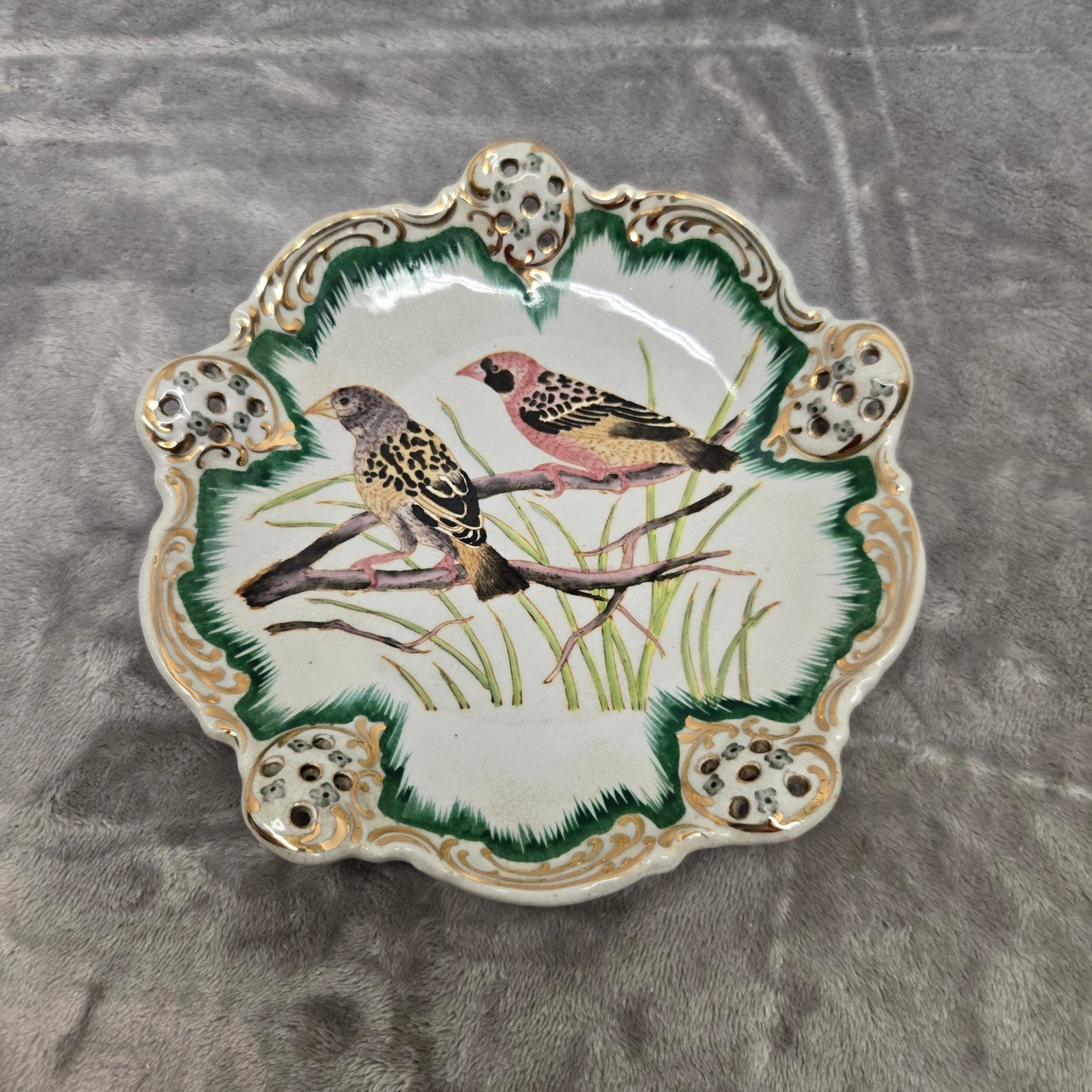 Vintage WL 1895 Decorative Bird Plate Gold Trim Reticulated Scalloped Edge 7.75 Vintage WL 1895 Decorative Bird Plate Gold Trim Reticulated Scalloped Edge 7.75