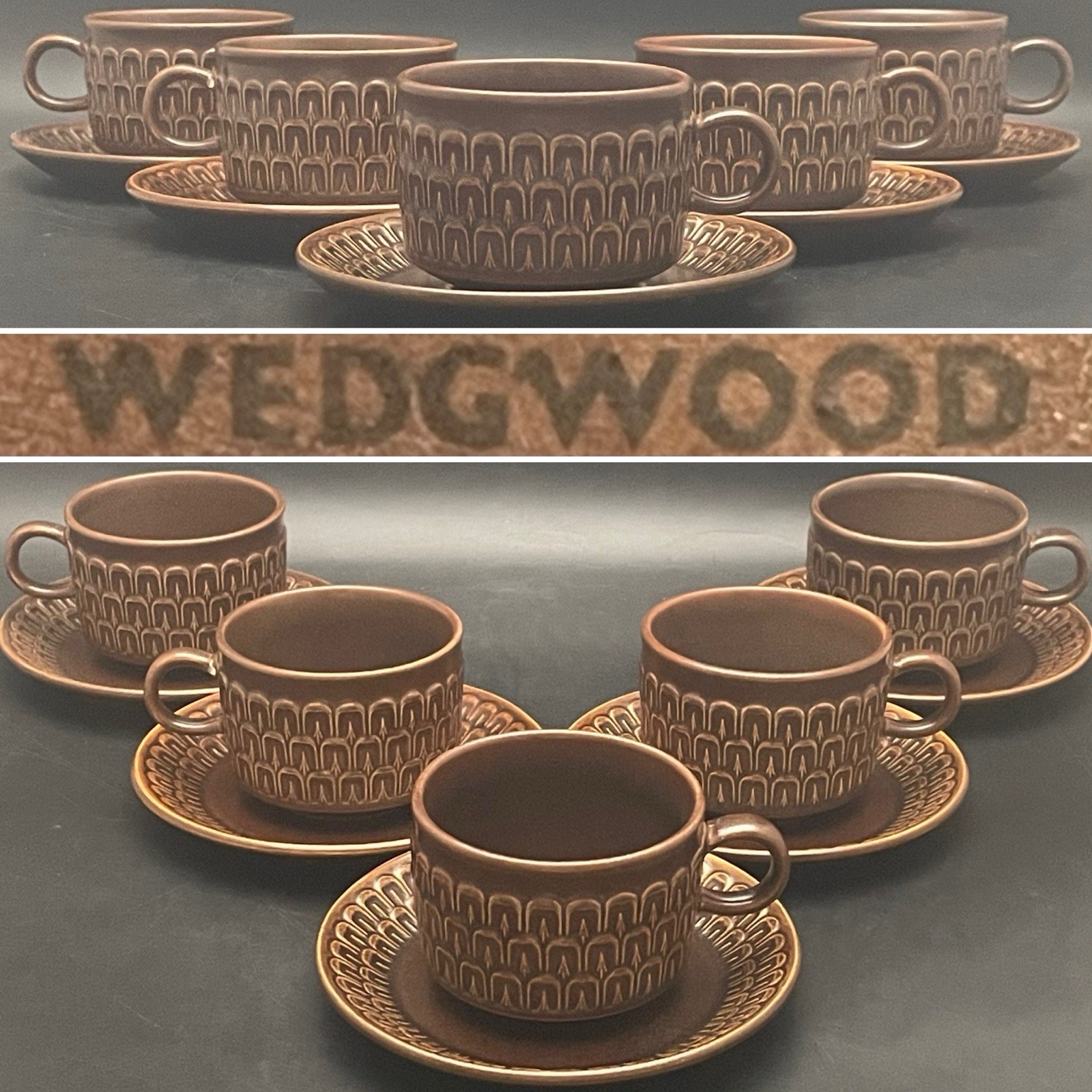 Wedgwood 10pc Pennine Brown Tea Cups & Saucers for 5 1965-71 Made in England 6oz