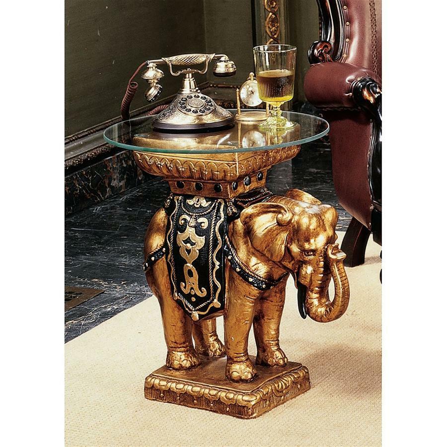 Golden Great King Indian Pachyderm Elephant Glass Top Side Occasional Table