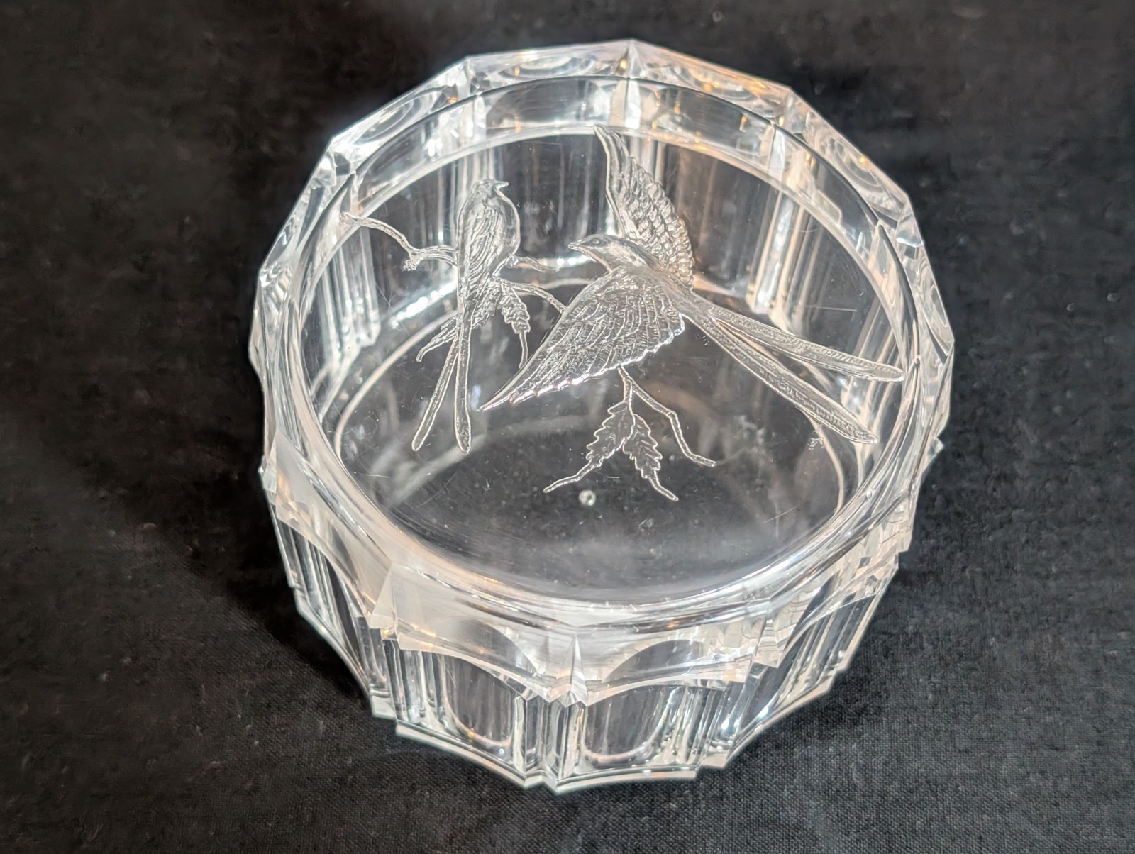 Vintage Acrylic Lucite Trinket Box with Lid and Etched Long Tail Birds Clear 