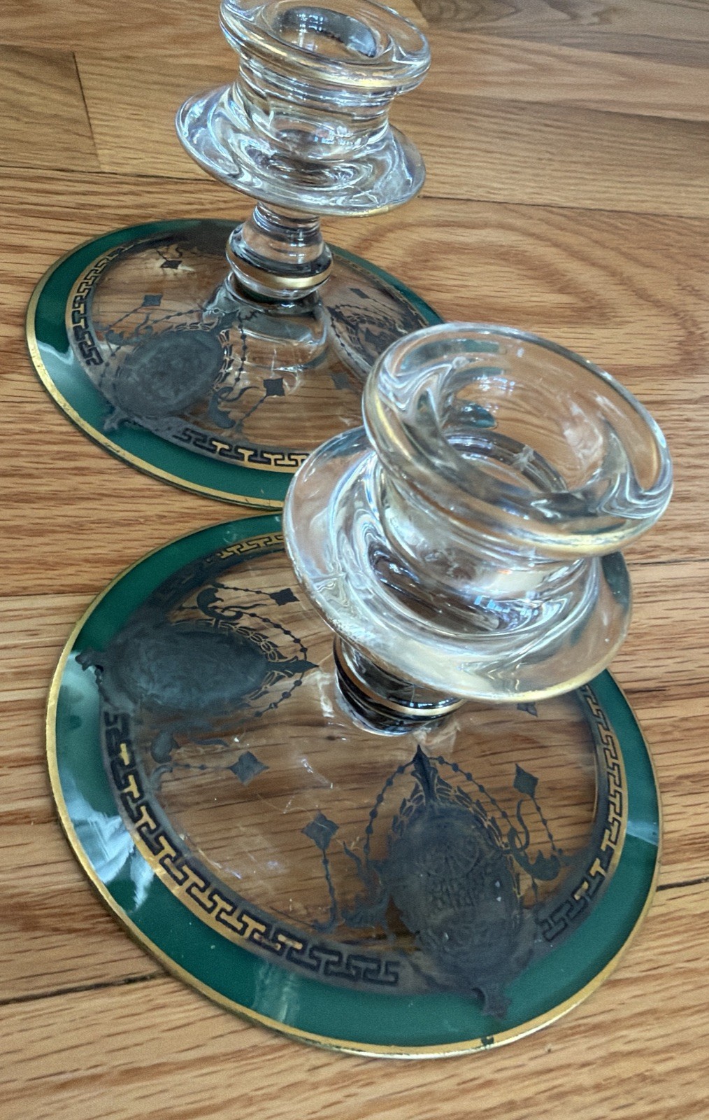 2 Antique 5” Glass ART DECO green Candlesticks gold overlay w/black chandeliers