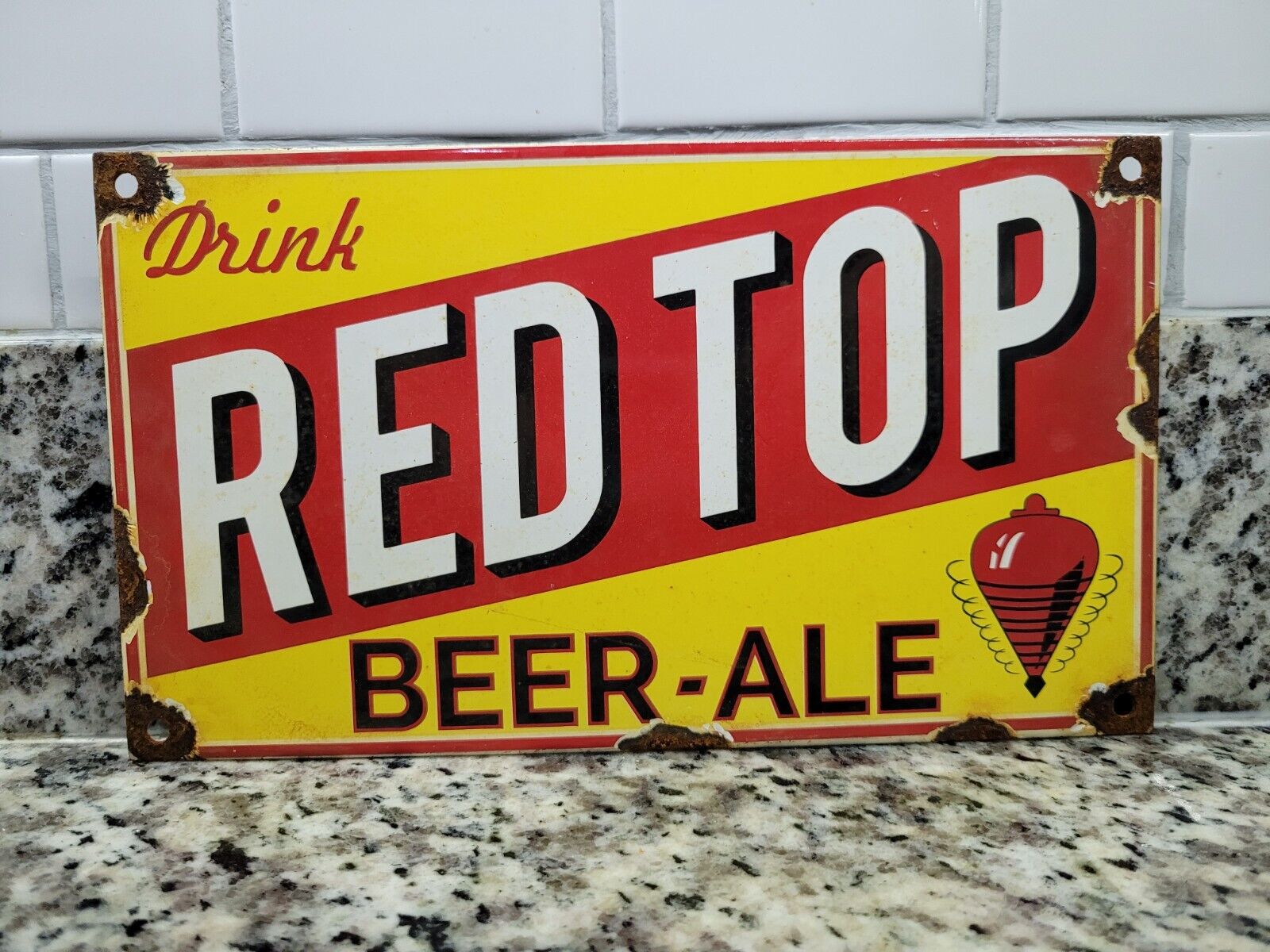 VINTAGE RED TOP PORCELAIN SIGN METAL BAR LIQUOR BEER ALCOHOL ADVERTISING PUB ALE