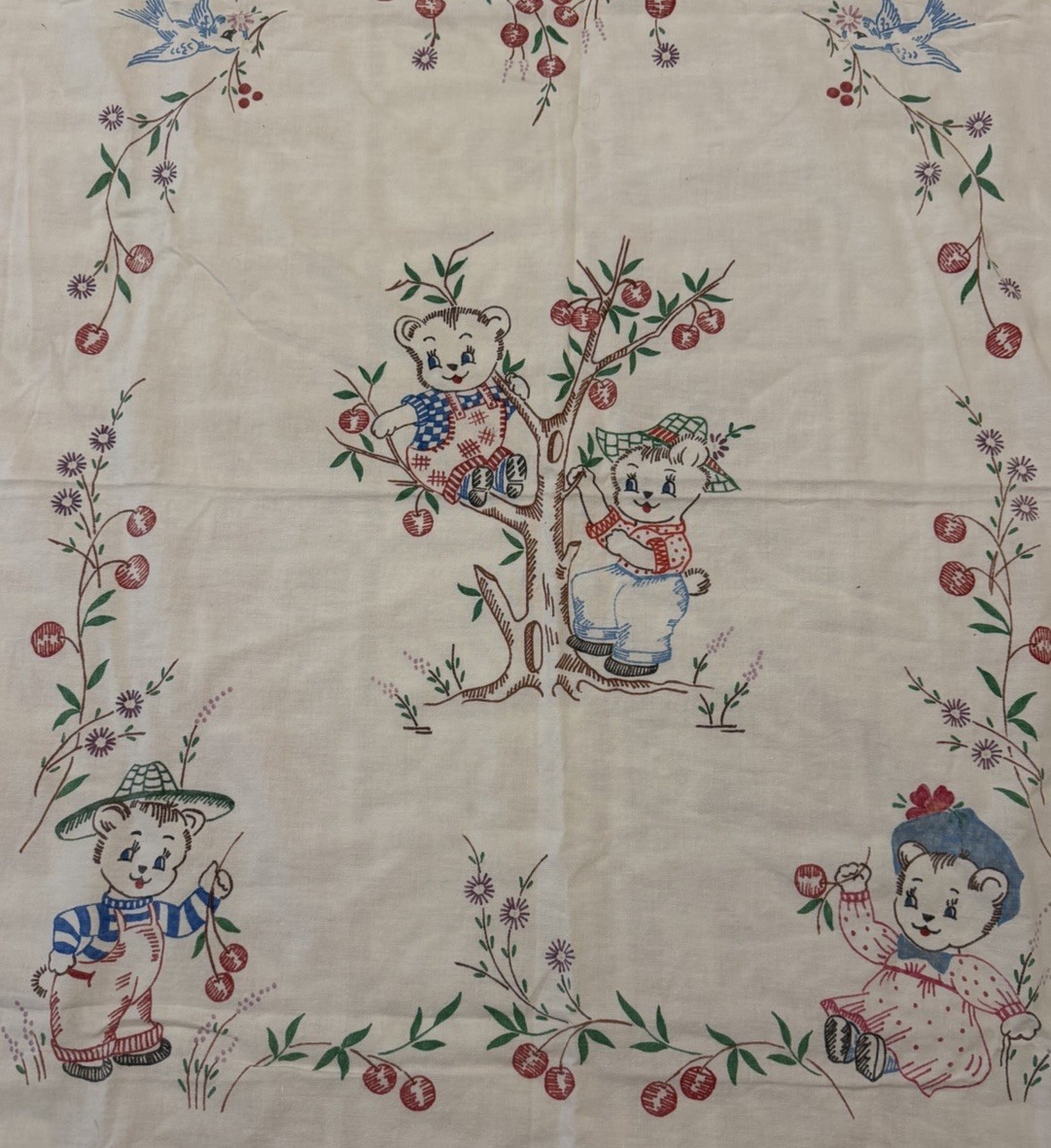 Vintage Handmade Teddy Bear Cherry Tablecloth 46” x 34” Cottage Nursery Decor