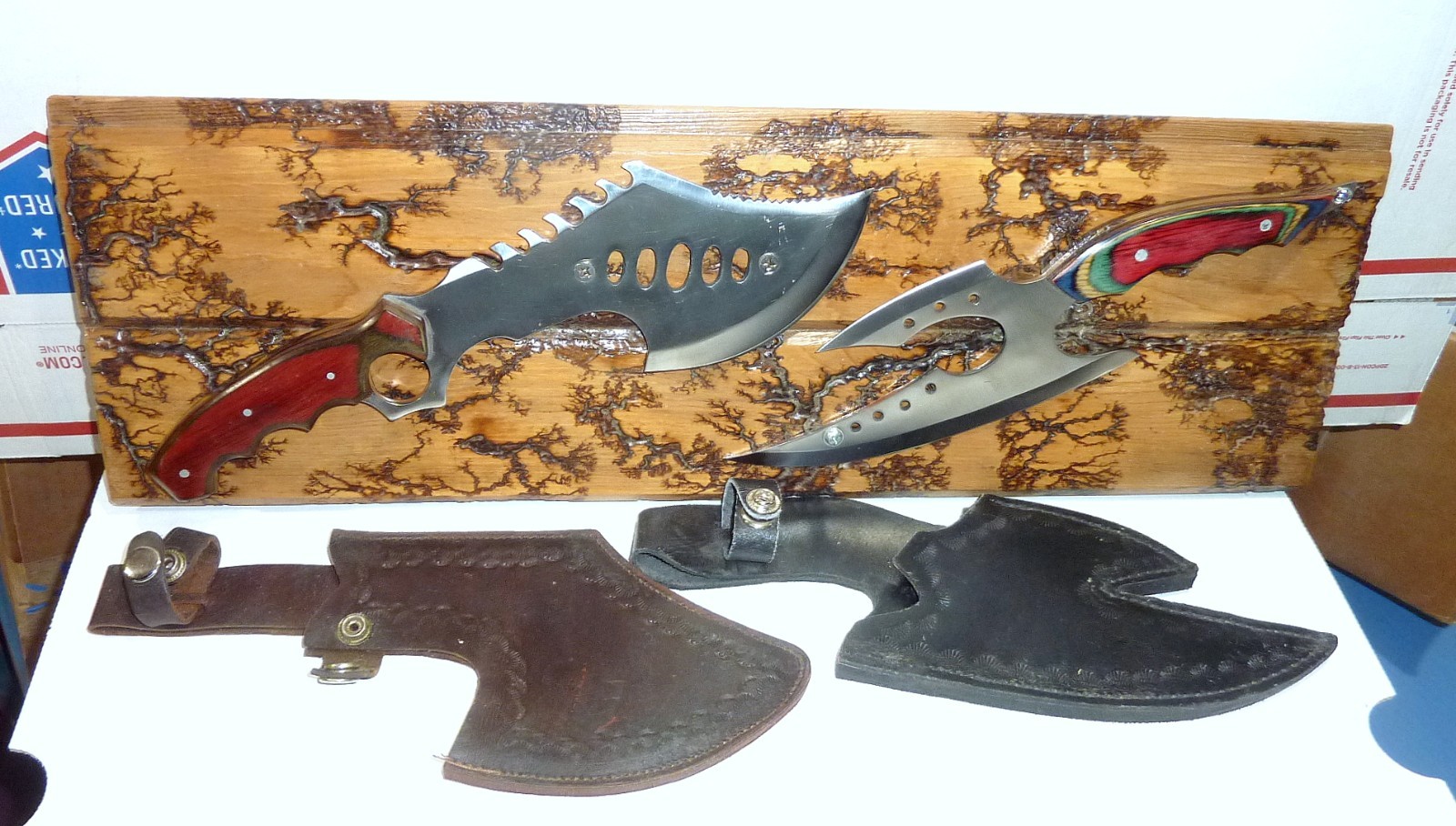 Two Wicked Pakistan Tactical Knives Mounted on a Fractal Burned Board NOS
