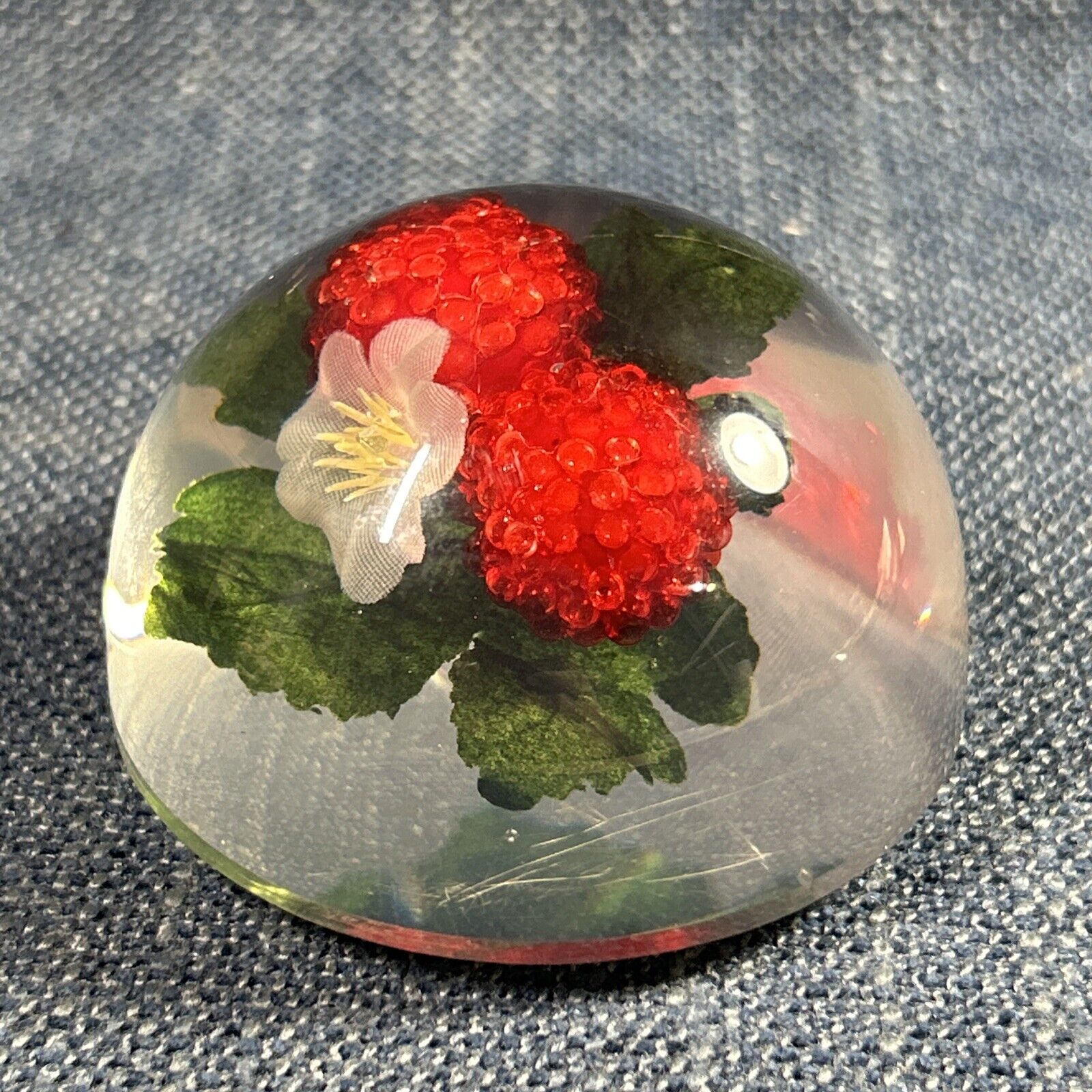 Vintage Lucite Dome Paperweight Beaded Raspberries And Flower 2.5”