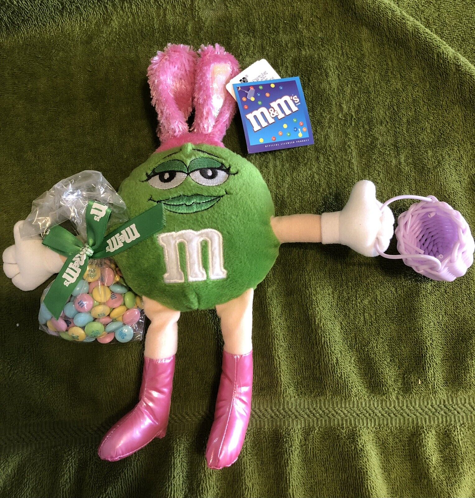 Green M&M\'s Easter Bunny with Pink Ears & Boots NEW