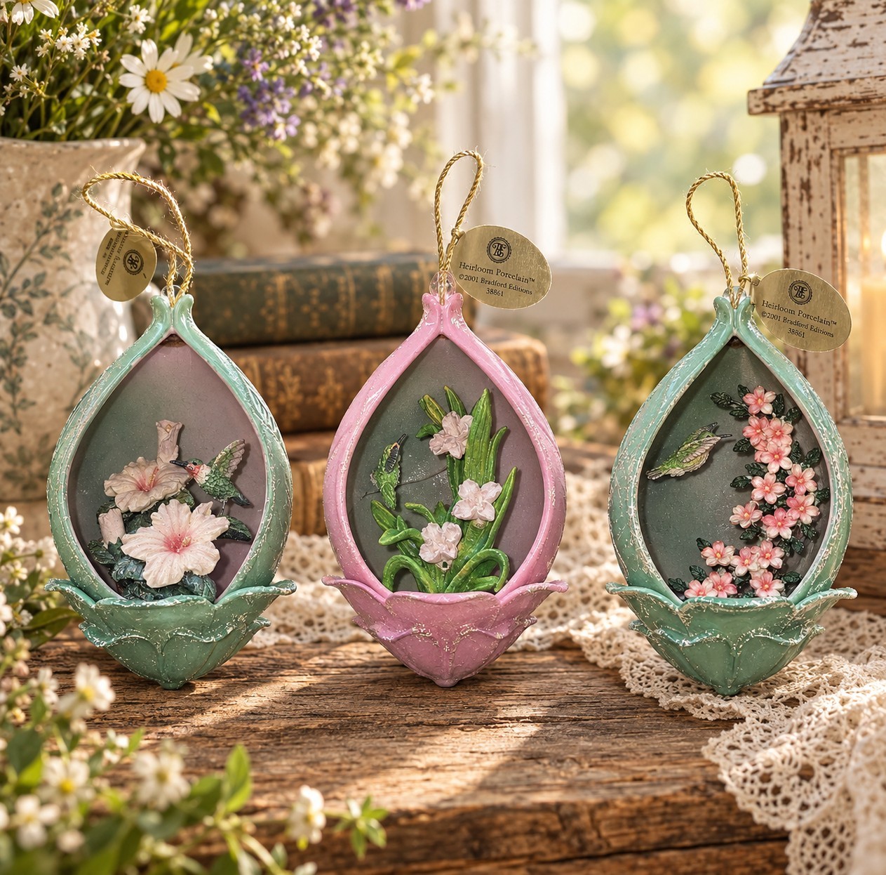Set of (3) VTG Bradford Editions - Hummingbird Porcelain Ornaments - Lena Liu