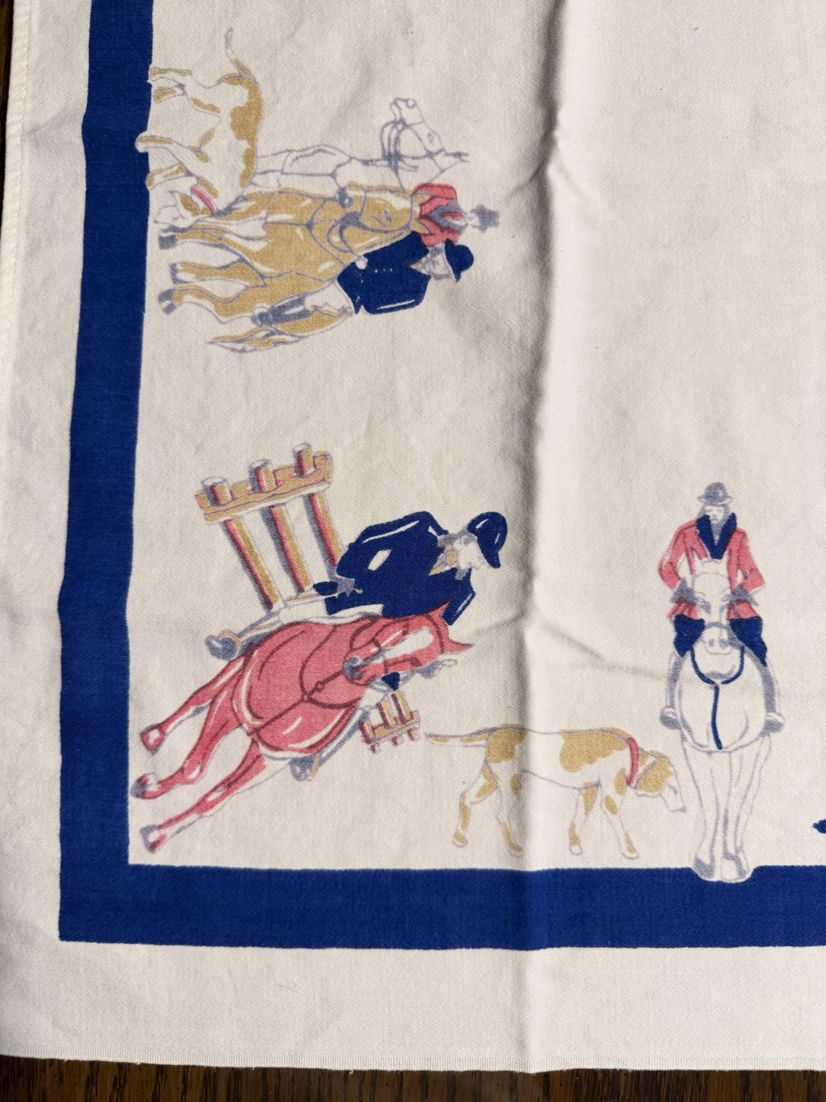 Vintage Equestrian Fox Hunt Horses Dogs Printed Tablecloth RARE Blue Pink Tan