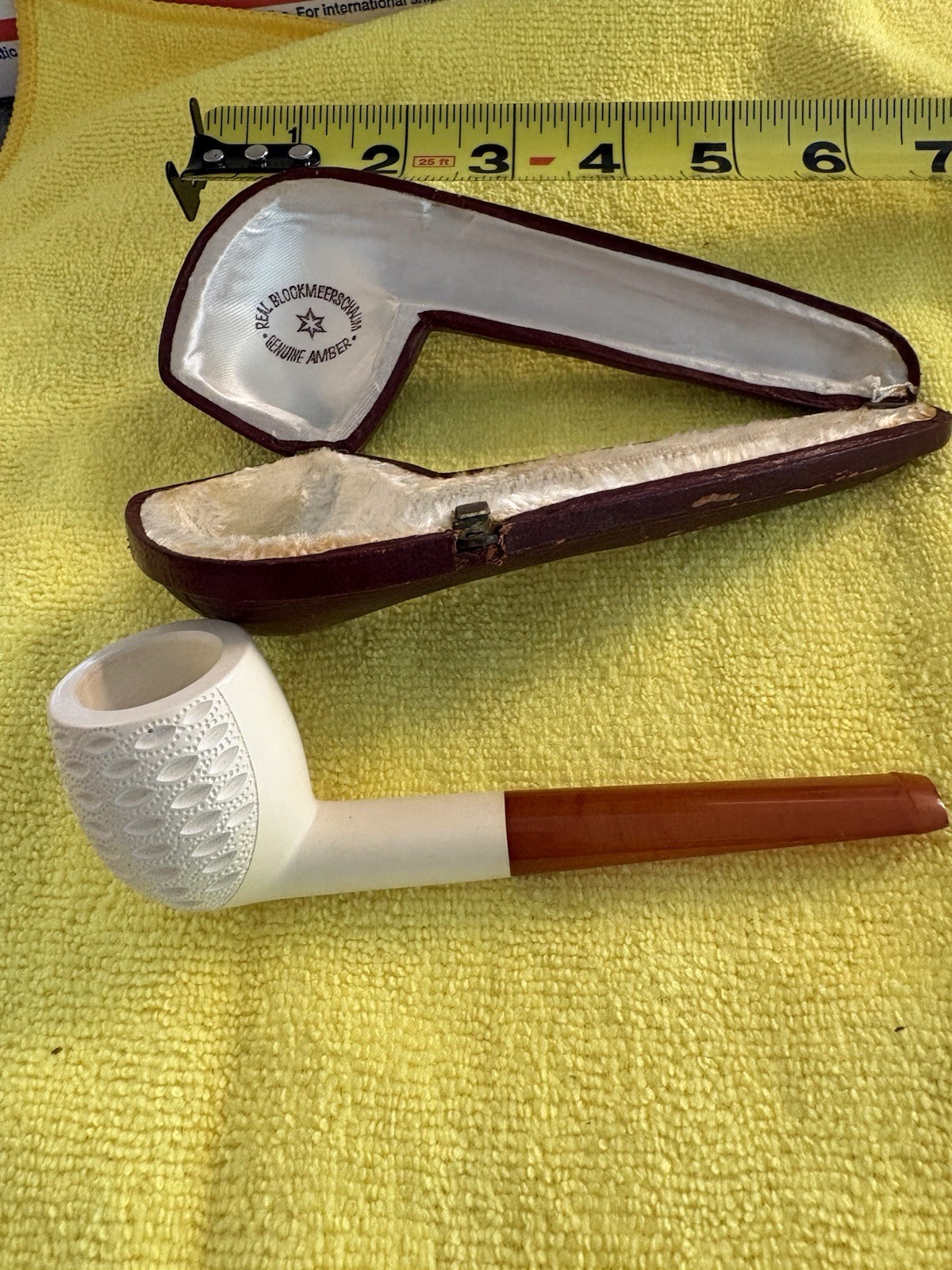 Vintage Lattice Block Meerschaum Pipe Unsmoked Billiard Genuine Amber Stem Case