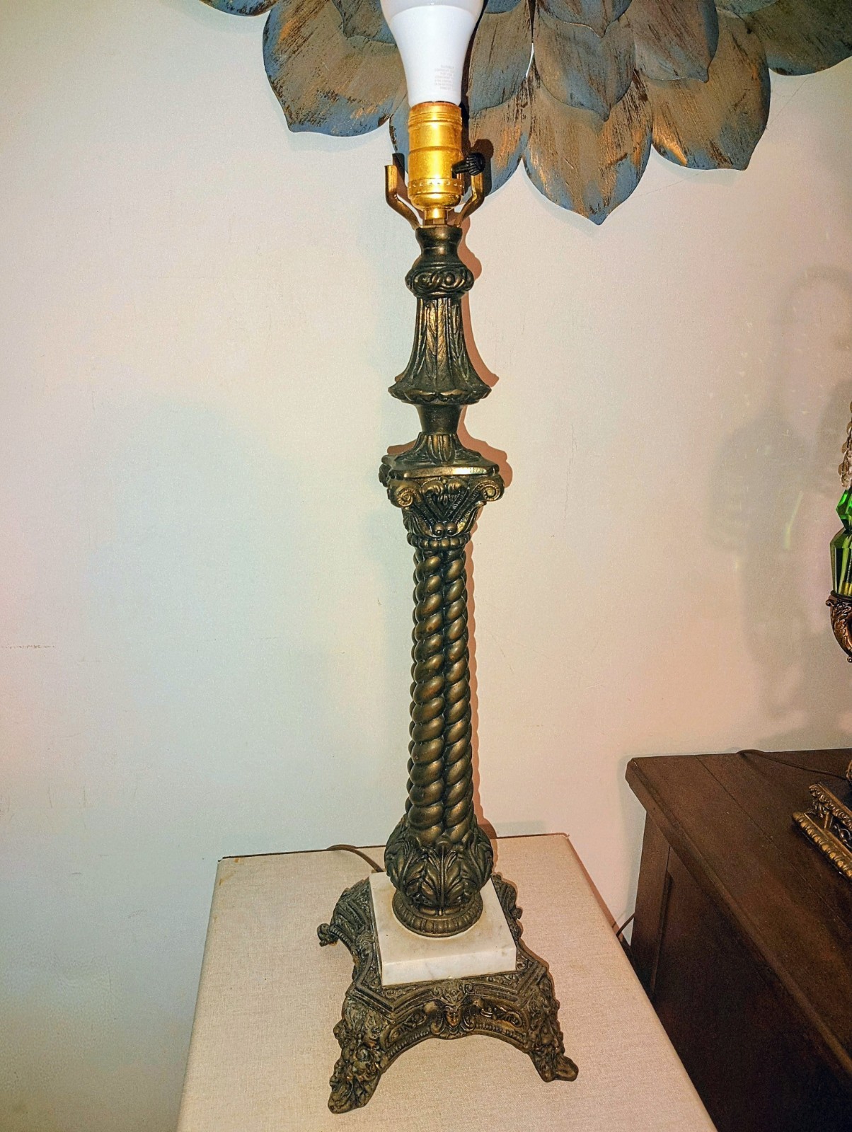 Vintage Heavy Bronze Meyda Table Lamp Base Italian Carrara Marble Antique Style